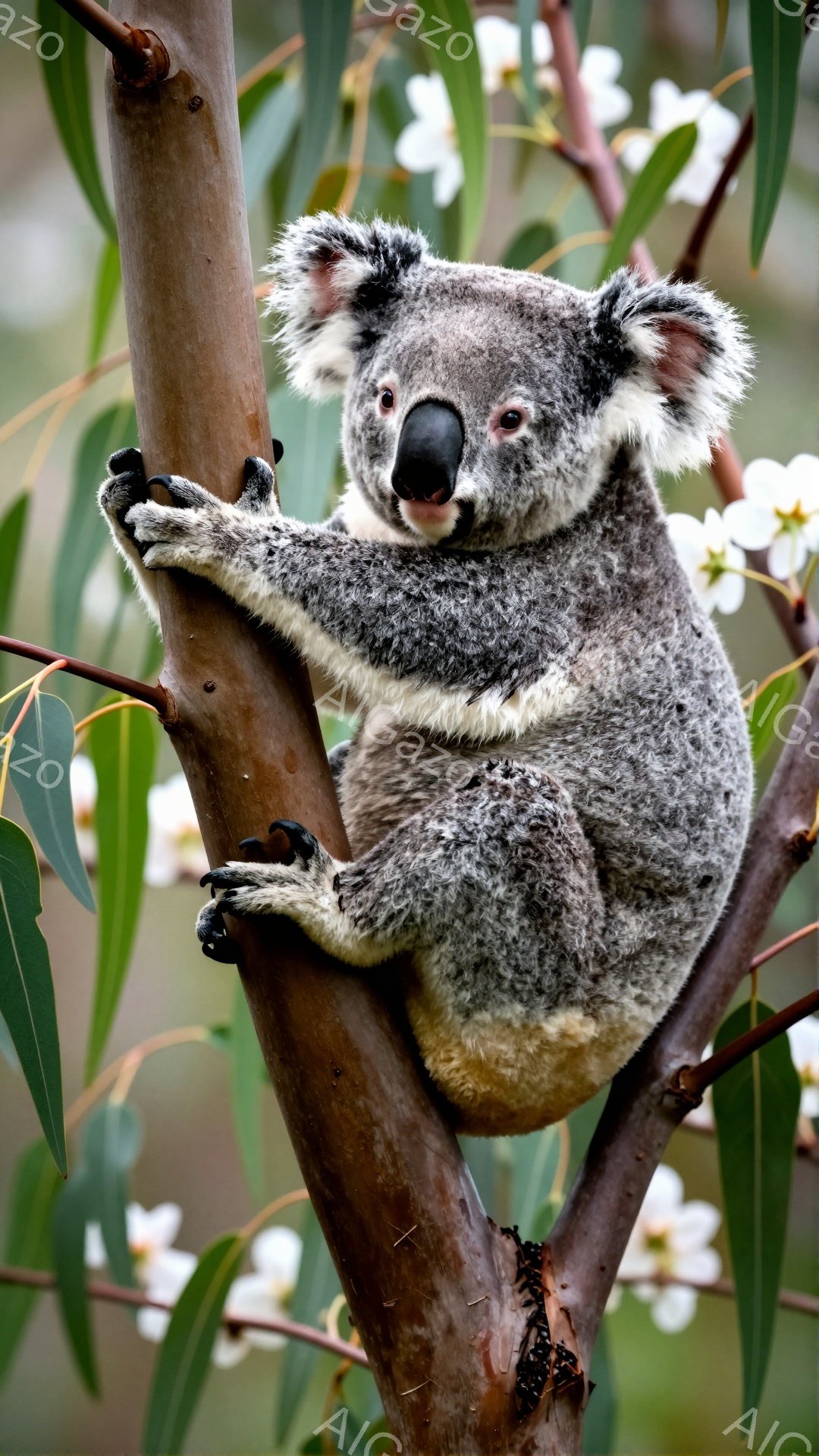 コアラが木の枝にしがみついています。顔は少し上向きで、穏やかな表情をしています。背景には緑の葉と白い花が見え、自然の温かさを感じさせます。