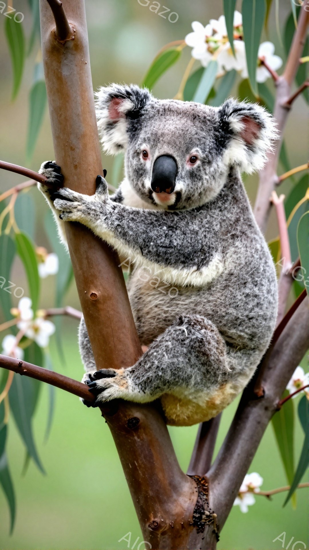 コアラが木の枝にしっかりと掴まっています。毛並みは灰色でふわふわとしており、丸い耳と黒い鼻が特徴的です。背景には緑の葉っぱと白い花がぼんやりと見え、自然な雰囲気を醸し出しています。