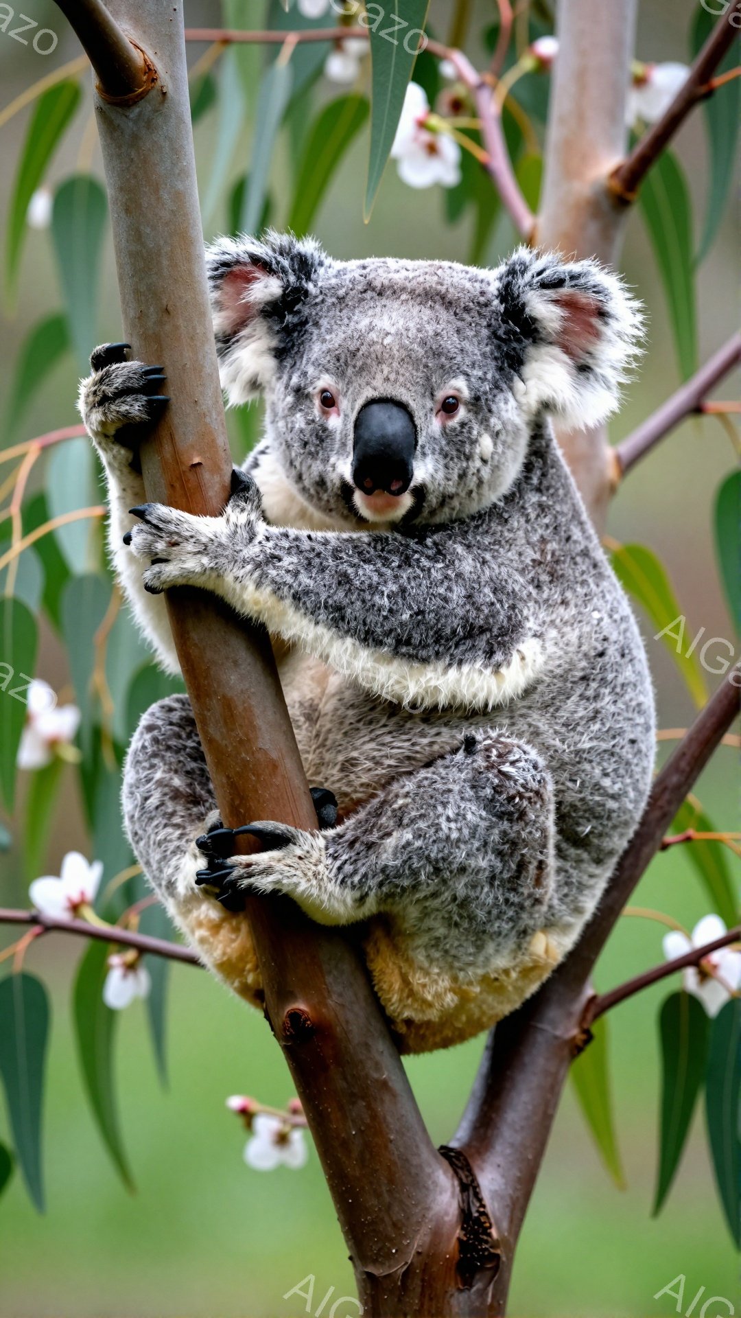 コアラがユーカリの木の枝にしっかりと掴まっています。ふわふわの毛並みと、丸い耳、そしてつぶらな瞳が可愛らしいです。背景にはユーカリの葉と白い花が見え、穏やかな雰囲気を醸し出しています。