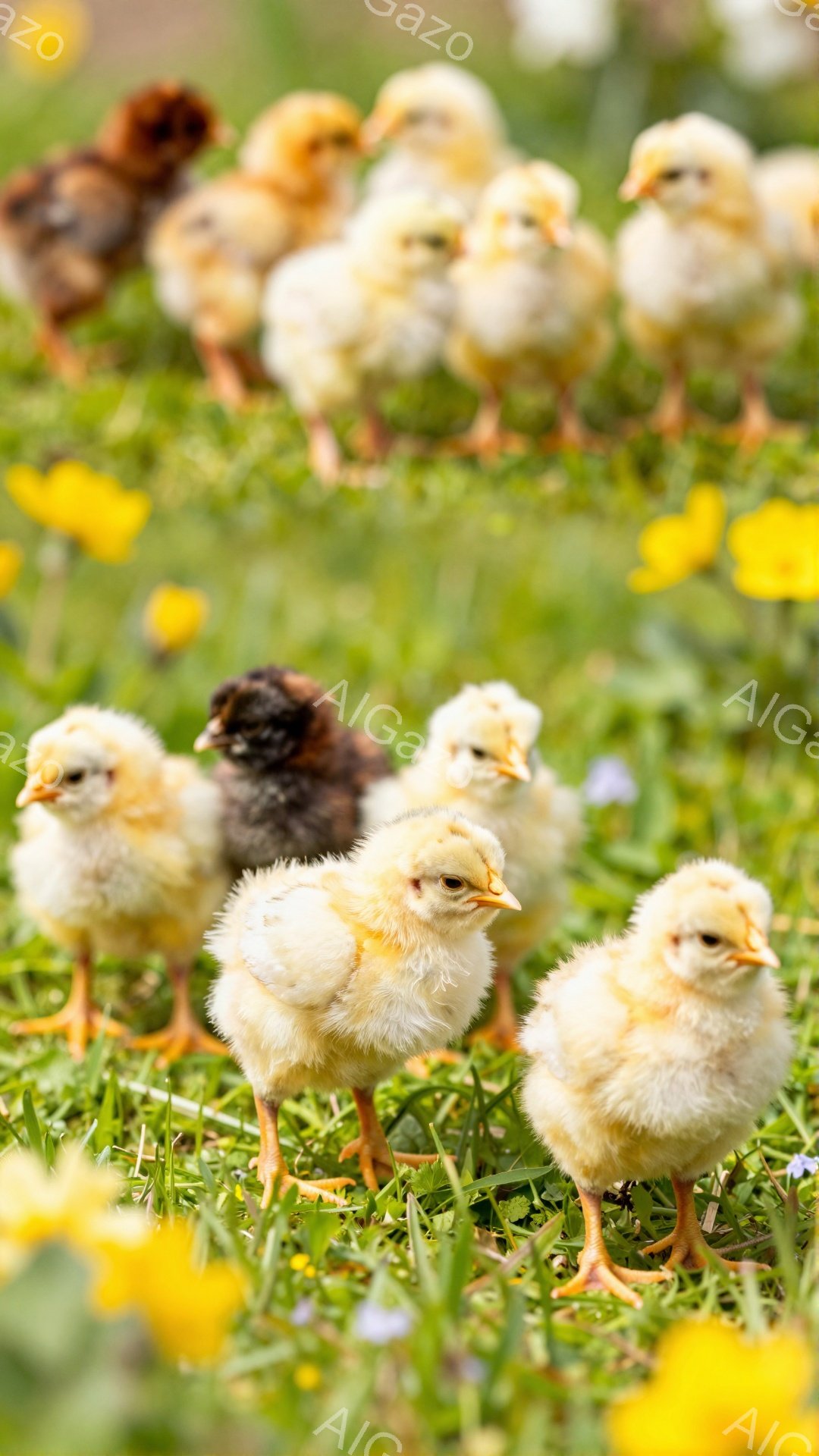 鮮やかな緑の草の上に、黄色いヒヨコたちが集まっている。ヒヨコたちは好奇心旺盛な表情で、それぞれ少しずつ異なる方向に顔を向けている。背景には、黄色い花が散らばり、春らしい穏やかな雰囲気を作り出している。