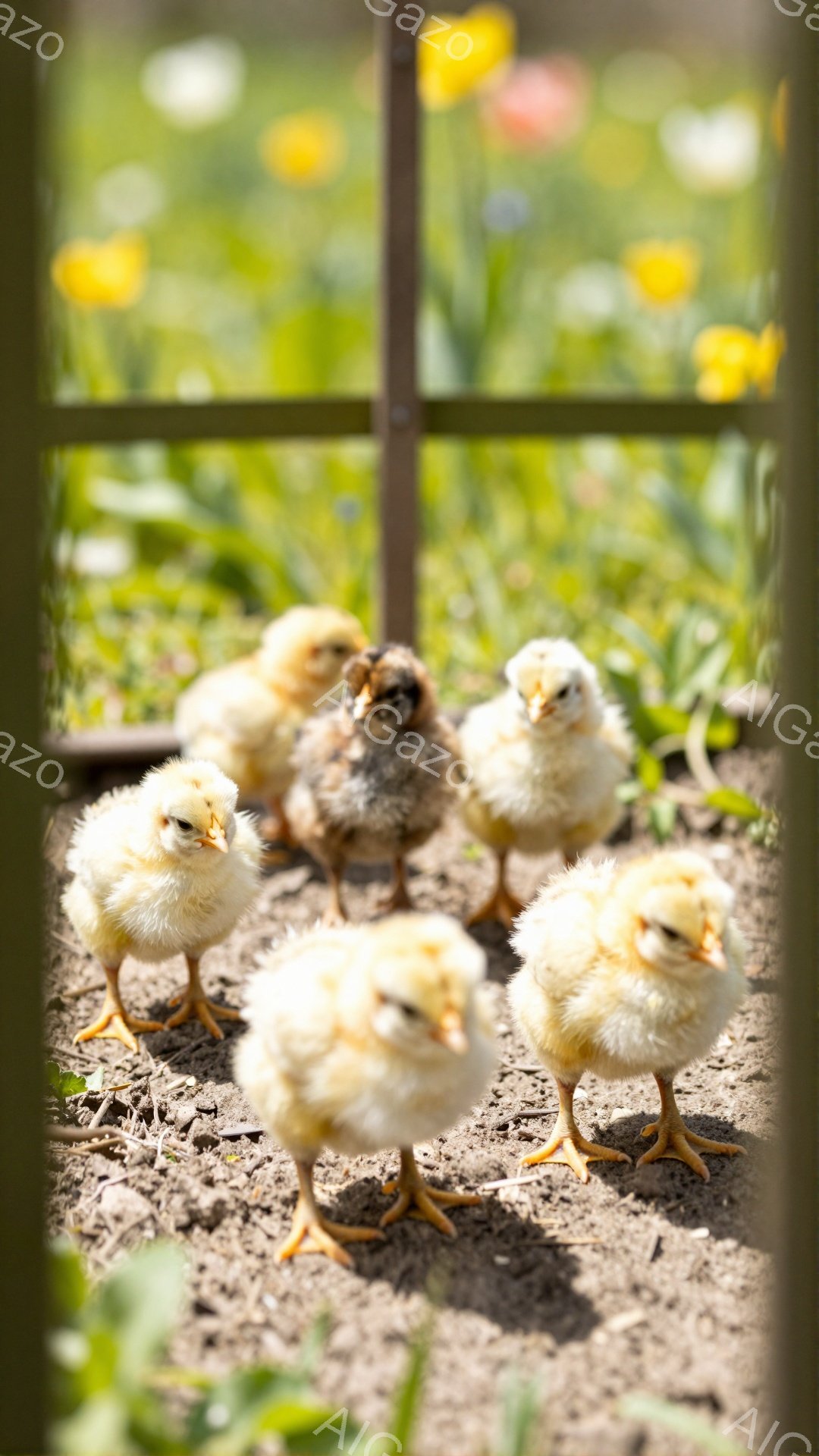 庭の土の上に小さなヒヨコたちが集まっている。大部分は黄色い毛並みだが、その中に一羽だけ黒っぽいヒヨコが混ざっている。背景にはぼやけた花々が見え、春の暖かな日差しを感じさせる。