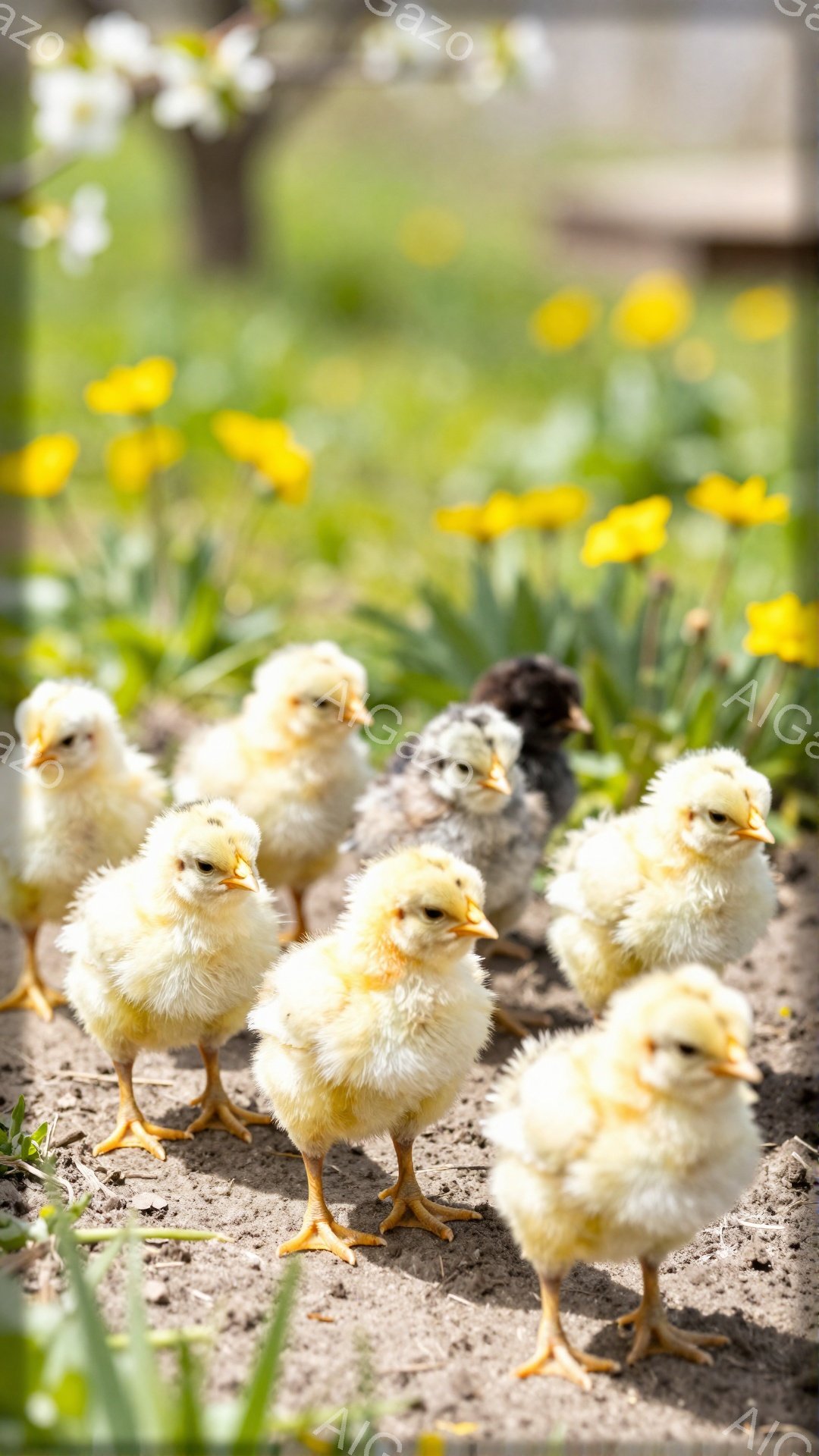 小さなヒヨコたちが土の上に集まっており、背景には鮮やかな黄色の花が咲き乱れています。ヒヨコたちはふわふわとした羽毛を持ち、好奇心いっぱいの表情で周りを見回しています。暖かく穏やかな春の日の光が、可愛らしいヒヨコたちを照らしています。