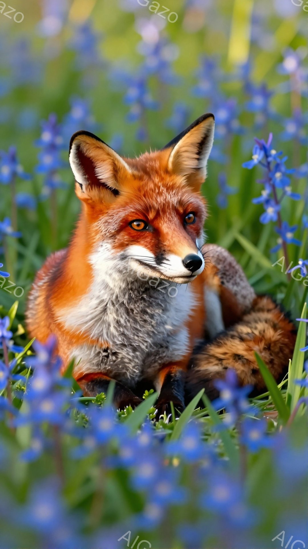 オレンジ色の毛並みを持つキツネが、青い花々の中に座っています。キツネはカメラの方を見ており、少し警戒しているような、知的な表情をしています。周りの花畑は鮮やかで、春の穏やかな雰囲気を醸し出しています。 - AI生成フリー素材