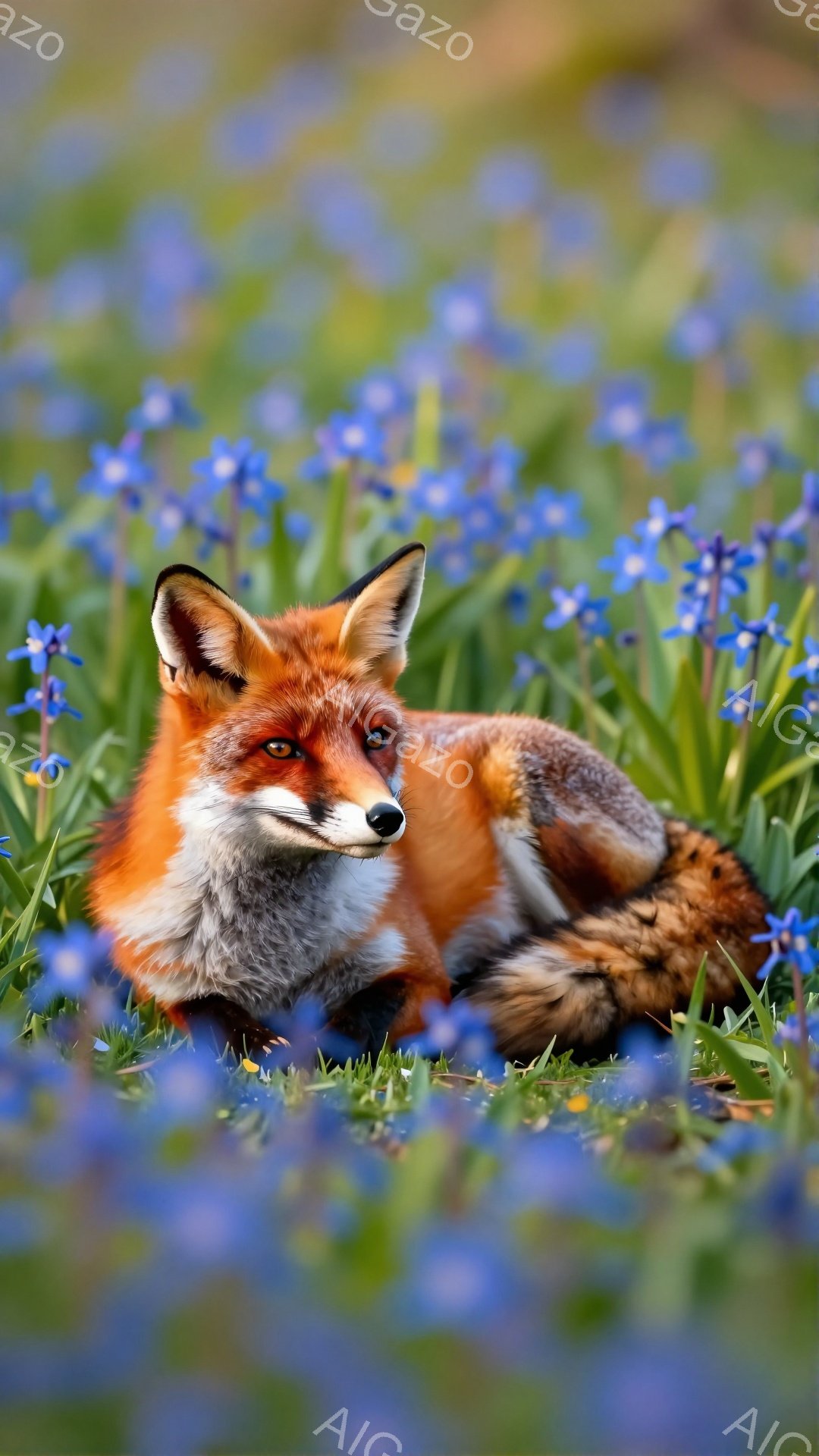 美しいキツネが青い花畑の中で横になっています。その毛並みは暖かく、光の中で輝き、まるで秋の夕焼けのようです。穏やかで平和な雰囲気が漂い、自然の美しさを感じさせます。