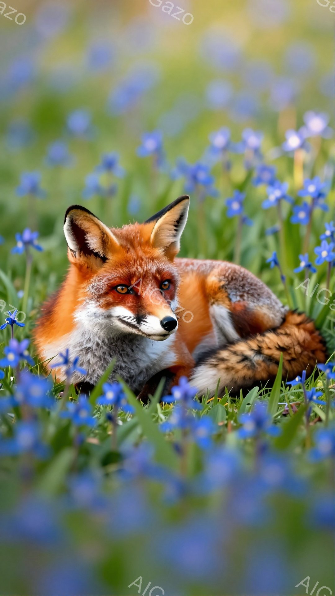 赤いキツネが青い花畑の中で横になっています。キツネはリラックスした様子で、緑の草の上に体を伸ばし、穏やかな雰囲気が漂っています。鮮やかな色彩と美しい自然が、心を癒します。