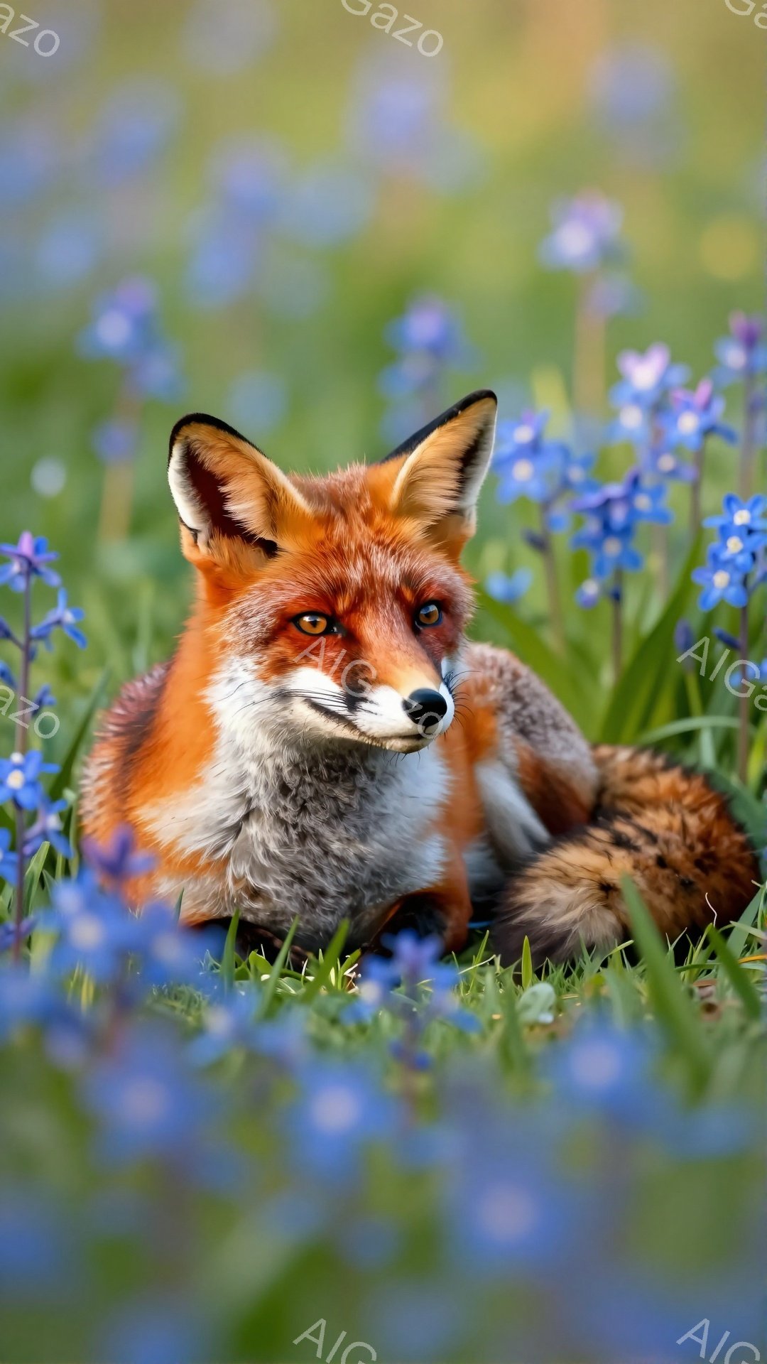 明るい緑の草の中に、オレンジ色の毛並みを持つキツネが横たわっています。周囲には青い花が咲き乱れ、穏やかで暖かい春の雰囲気が漂っています。キツネはリラックスした表情で、まるで花畑の中で昼寝をしているかのようです。