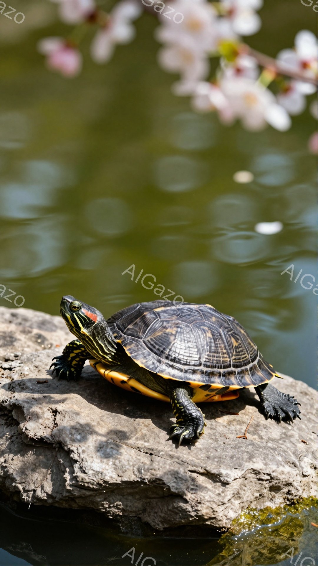 日当たりの良い岸辺で、ミドリガメが岩の上に座っています。鮮やかな緑、赤、黄色の模様が特徴的で、日光浴を楽しんでいるようです。背景にはぼやけた桜の花びらが散りばめられ、春の穏やかな雰囲気を醸し出していま - AI生成フリー素材