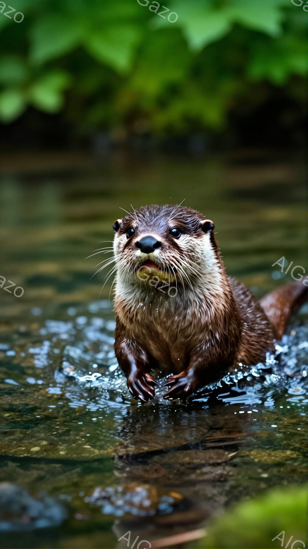 カワウソが水面から顔を出し、こちらを見つめている。水しぶきが飛び散り、緑豊かな背景がぼやけて見える。その表情は好奇心と遊び心に満ちている。