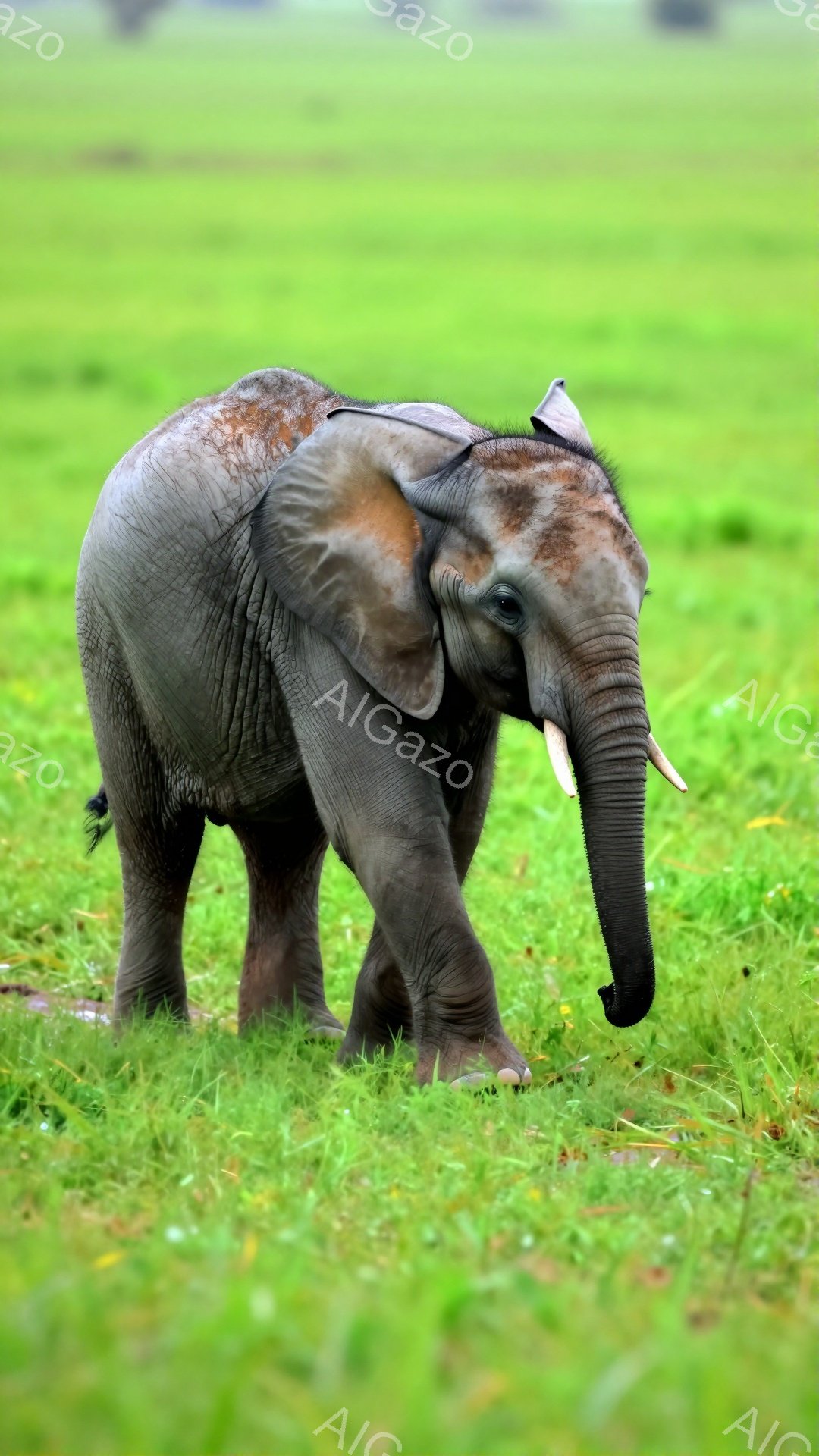 若いゾウが緑豊かな草原の中を歩いています。その姿は少し不器用で、可愛らしいです。背景の緑が鮮やかで、生命力に満ち溢れています。
