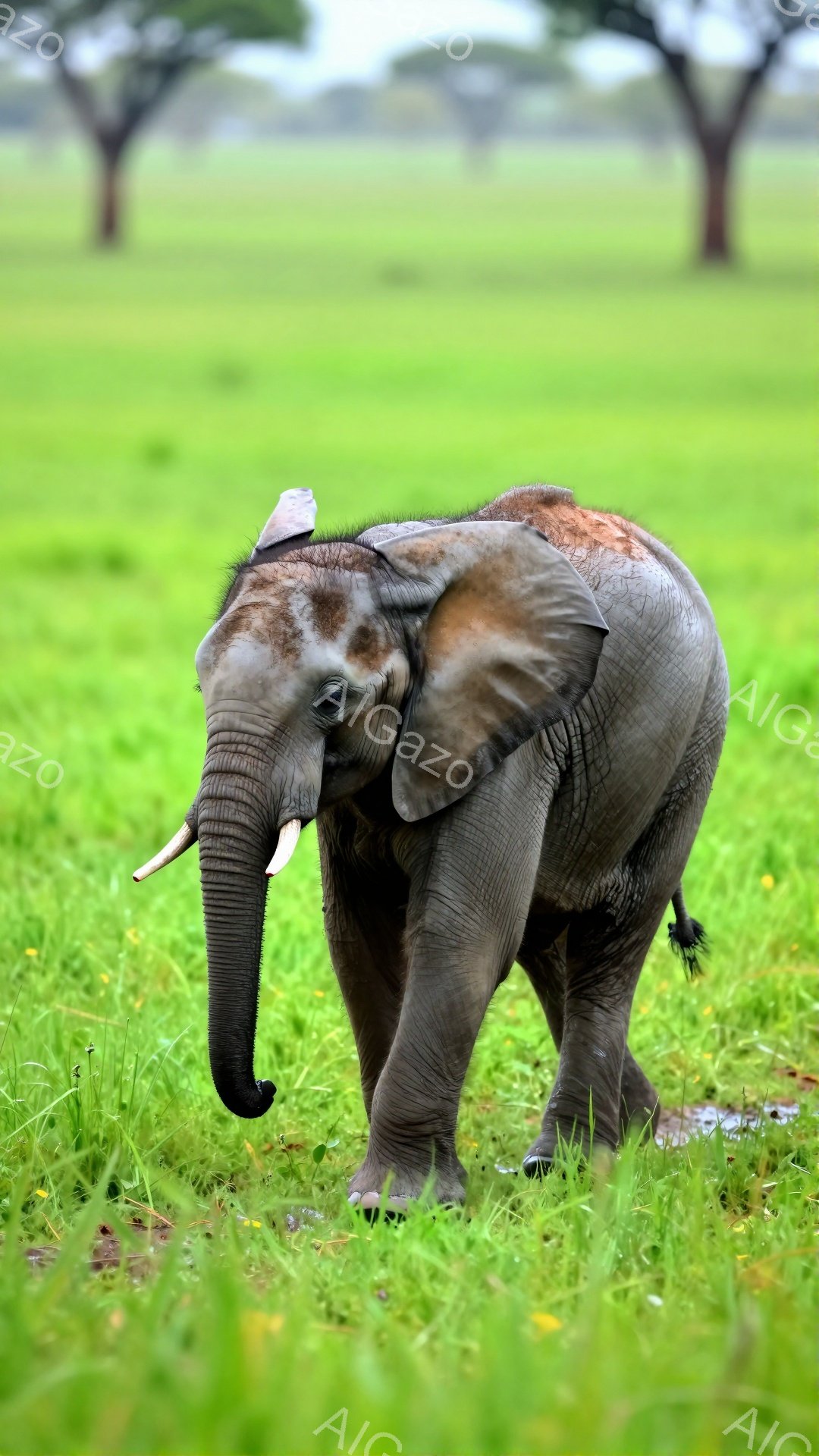 若い象が緑豊かな草原を歩いている。顔には泥がついており、草を食べているようだ。背景にはぼんやりと木々が見え、穏やかな雰囲気が漂っている。