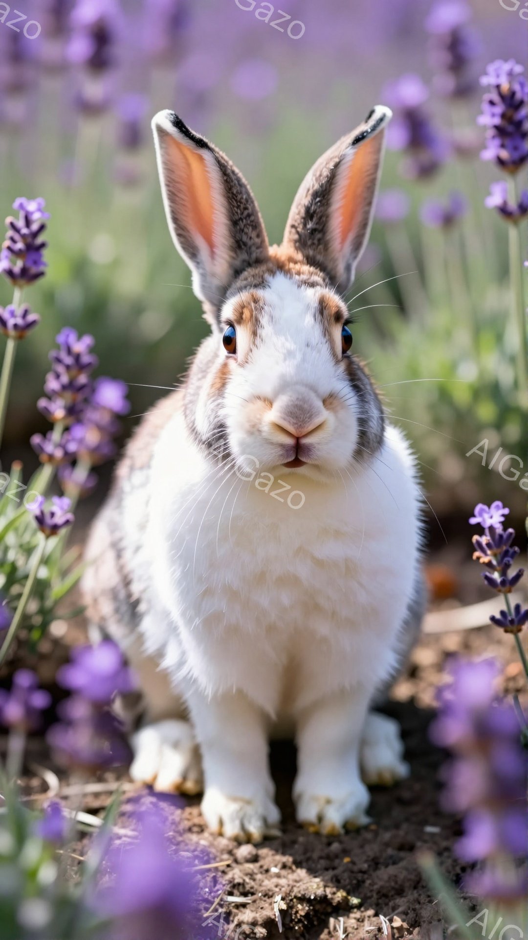 白と茶色のウサギが紫色のラベンダー畑の中で正面を見つめています。ウサギは可愛らしい表情で、短い耳と白い足が特徴的です。背景は柔らかい焦点で、自然な雰囲気を醸し出しています。