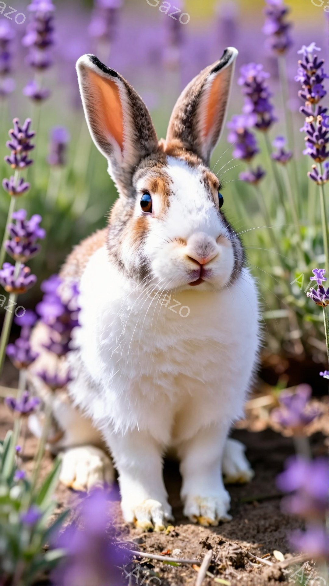白と茶色の毛並みのウサギが紫色のラベンダー畑の中で正面を見据えています。土の上に座り、短い足でしっかりと地面につかまり、可愛らしい姿を見せています。背景にはぼやけたラベンダーの花が咲き乱れ、穏やかな春の雰囲気を醸し出しています。