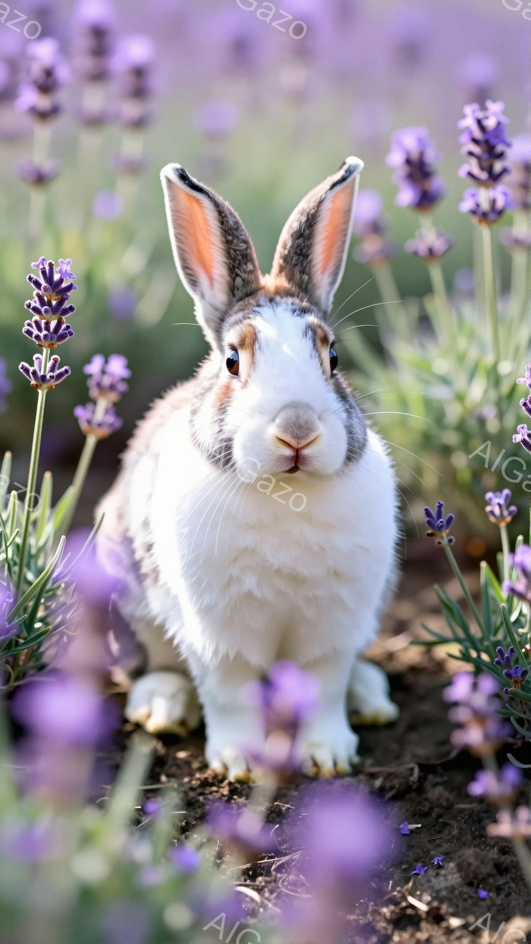 白と茶色のウサギがラベンダー畑の中で正面を見つめている。ウサギはふわふわの毛並みで、大きな耳をピンと立て、好奇心と警戒心をあらわにしている。背景は紫色に染まったラベンダーの花が咲き乱れ、暖かい日差しが全体を包み込んでいる。