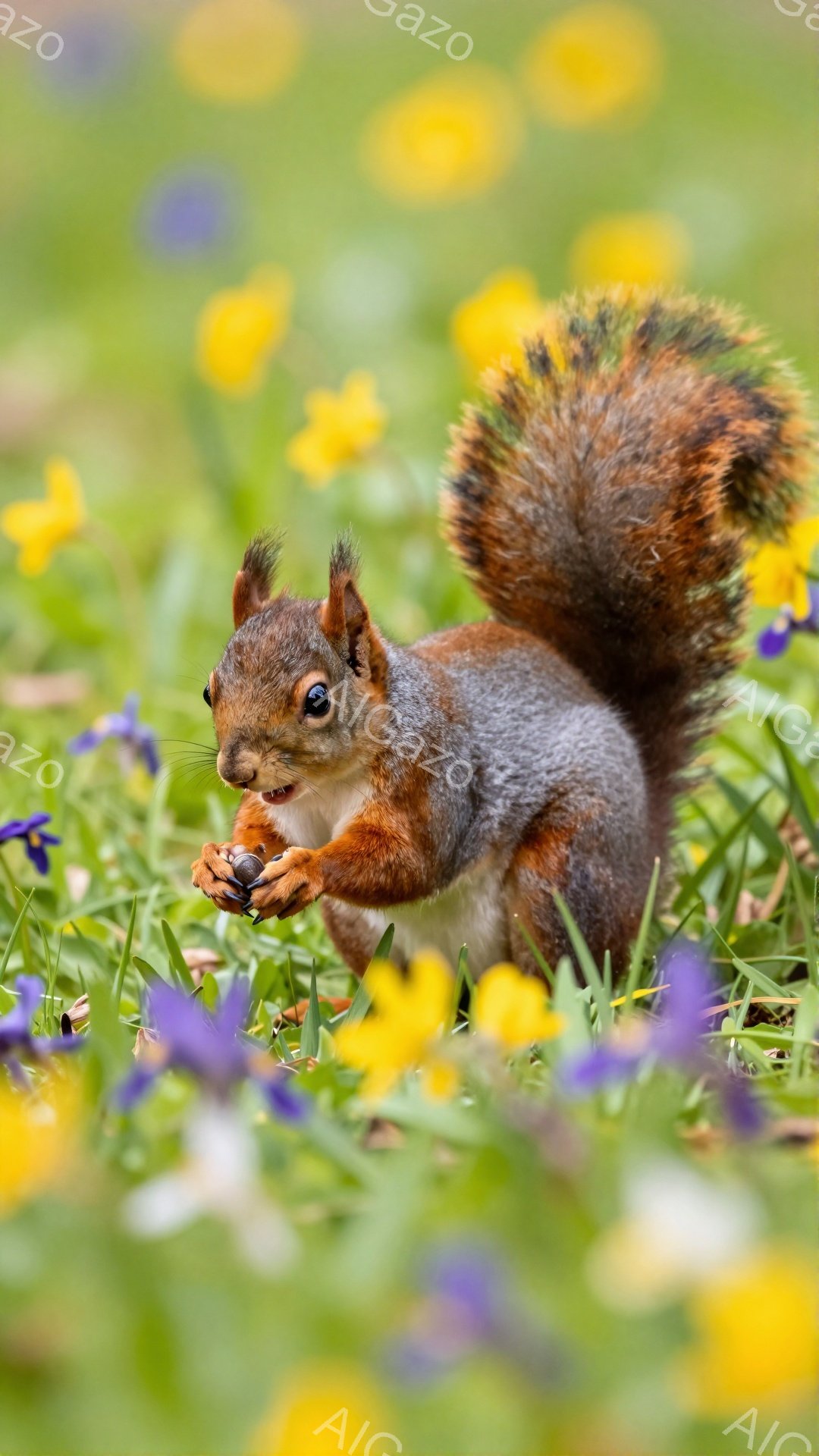 リスが黄色と紫の花畑の中で木の実を食べている。毛並みが美しく、緑の背景に茶色の体色が映える。可愛らしい姿と穏やかな雰囲気を感じさせる一枚だ。