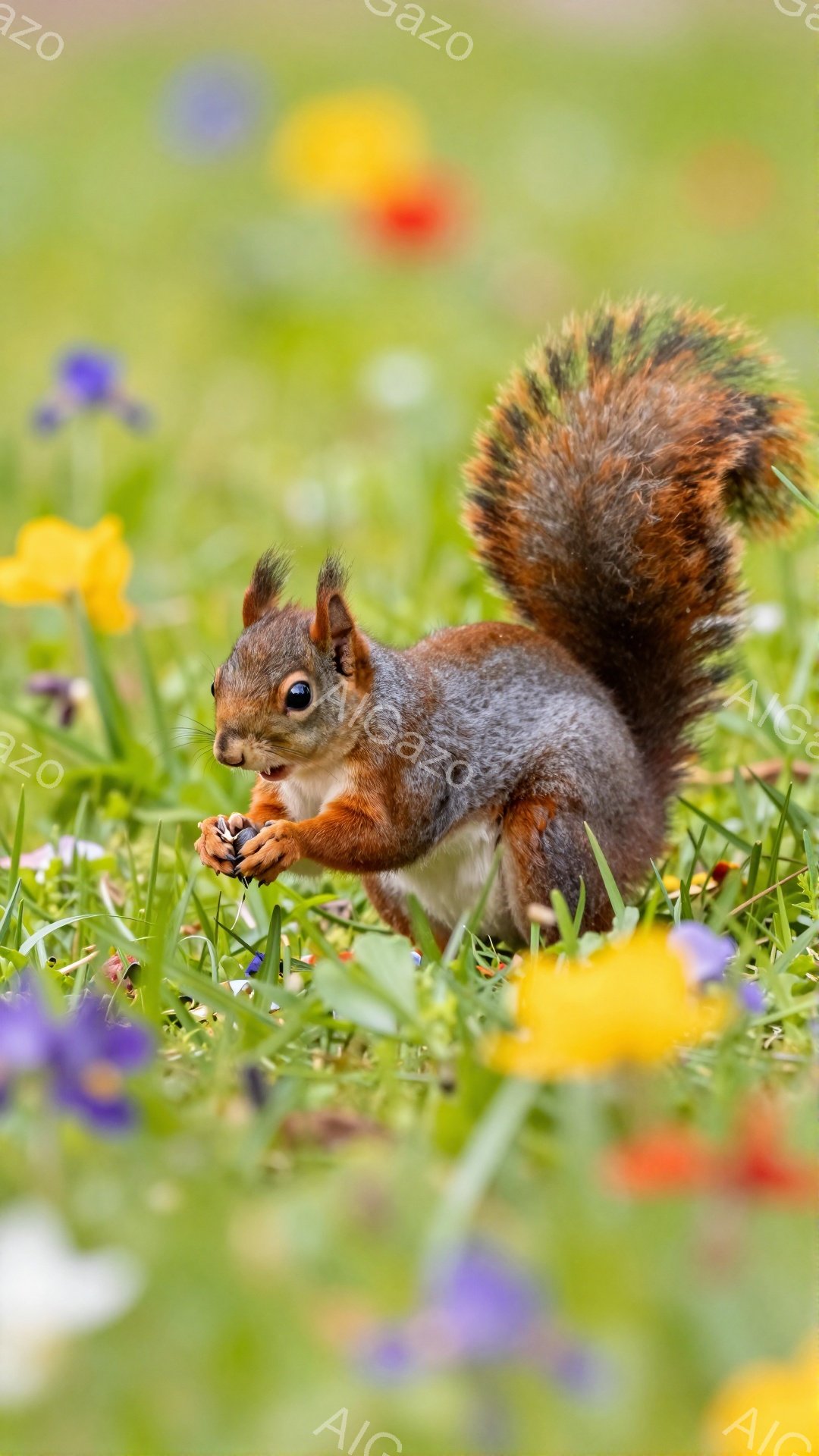 リスが草花の咲く緑の草原で何かを食べているところです。毛並みが美しく、ふさふさとした尻尾が特徴的です。周囲には黄色や紫の花々が点在し、春らしい明るい雰囲気を感じさせます。