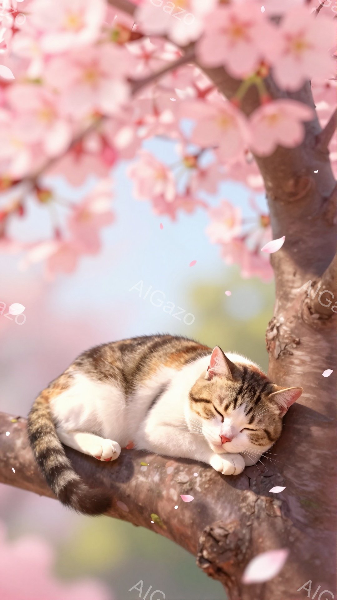 白と茶色の縞模様の猫が桜の枝で丸くなって眠っています。ピンク色の桜の花びらが舞い散り、穏やかで平和な春の雰囲気を醸し出しています。猫の表情はリラックスしており、暖かい日差しの中で心地よい眠りについているようです。