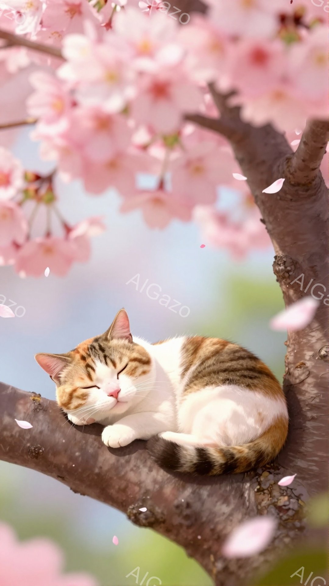 桜の枝にとまる猫が、穏やかに眠っています。オレンジと白の毛並みが暖かく、春の優しい光に包まれています。舞い散る桜の花びらが、猫の安らかな眠りをさらに引き立てています。