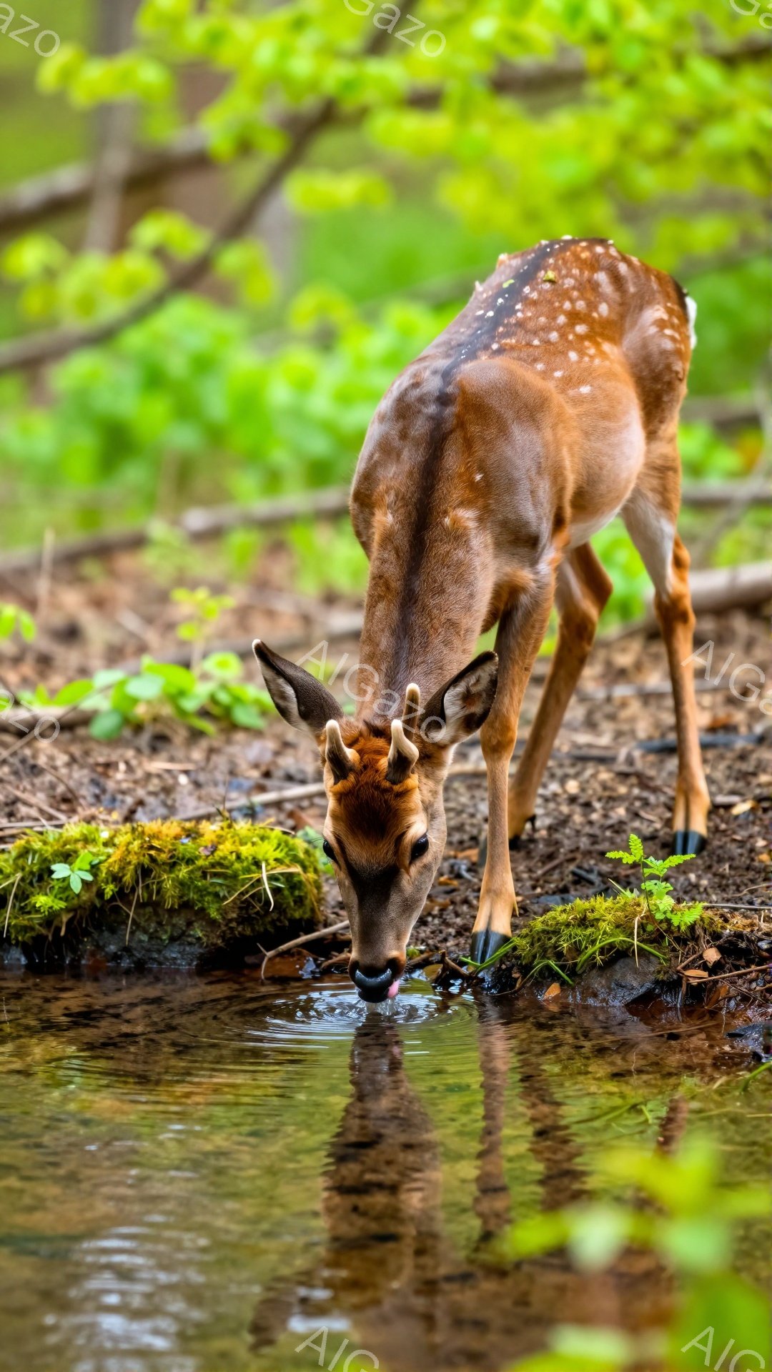 小さなシカが水たまりから水を飲んでいます。周囲は緑豊かな植物に覆われ、明るい日差しが差し込んでいます。穏やかで平和な雰囲気を感じさせる風景です。