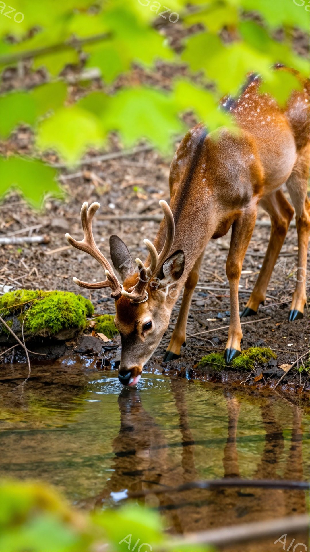 若い雄鹿が水たまりから水を飲んでいます。周りの緑豊かな植物と土の色が、鹿の茶色の毛色とコントラストをなしています。穏やかな光が差し込み、静かで平和な雰囲気を醸し出しています。