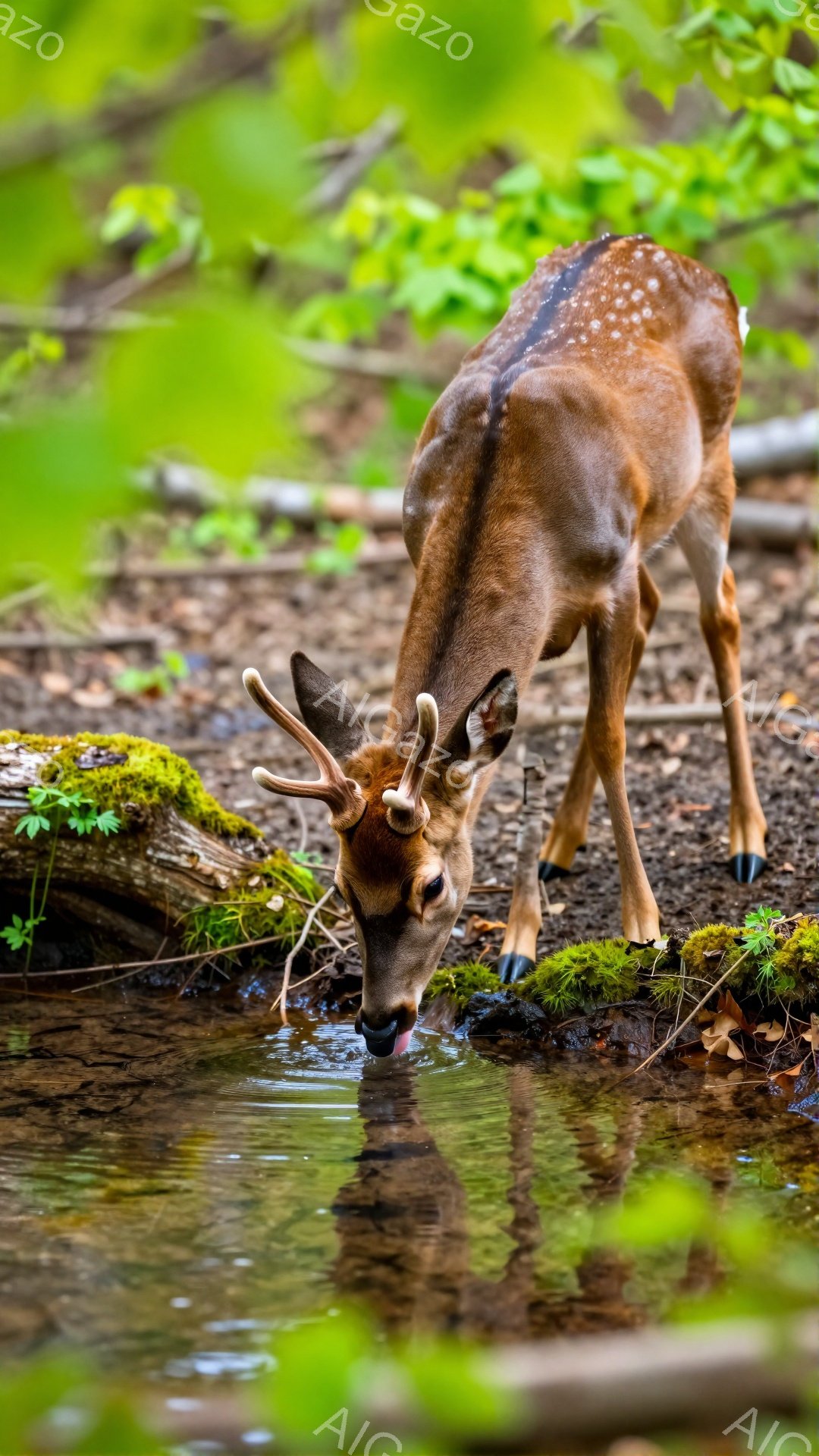 緑豊かな背景の中、シカが水たまりから水を飲んでいる姿が捉えられています。 シカは茶色の毛並みで、角を持っており、落ち着いた雰囲気で水を求めています。水面にはシカの姿が映り込み、自然の美しさを際立たせて - AI生成フリー素材