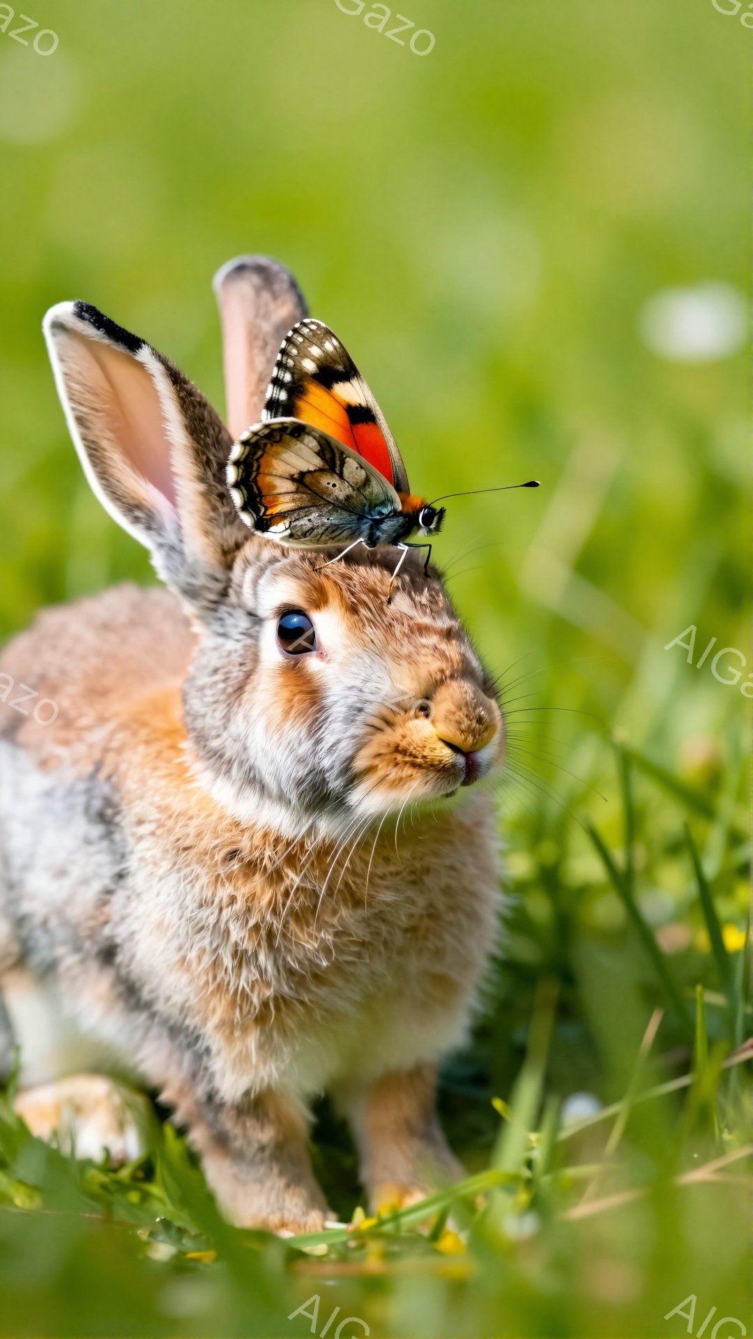緑の草の上に座っている茶色の野ウサギが写っています。ウサギの頭の上にはオレンジと黒の美しい蝶がとまっており、そのコントラストが目を引きます。背景は柔らかい緑色で、自然の中で穏やかな雰囲気が漂っています。