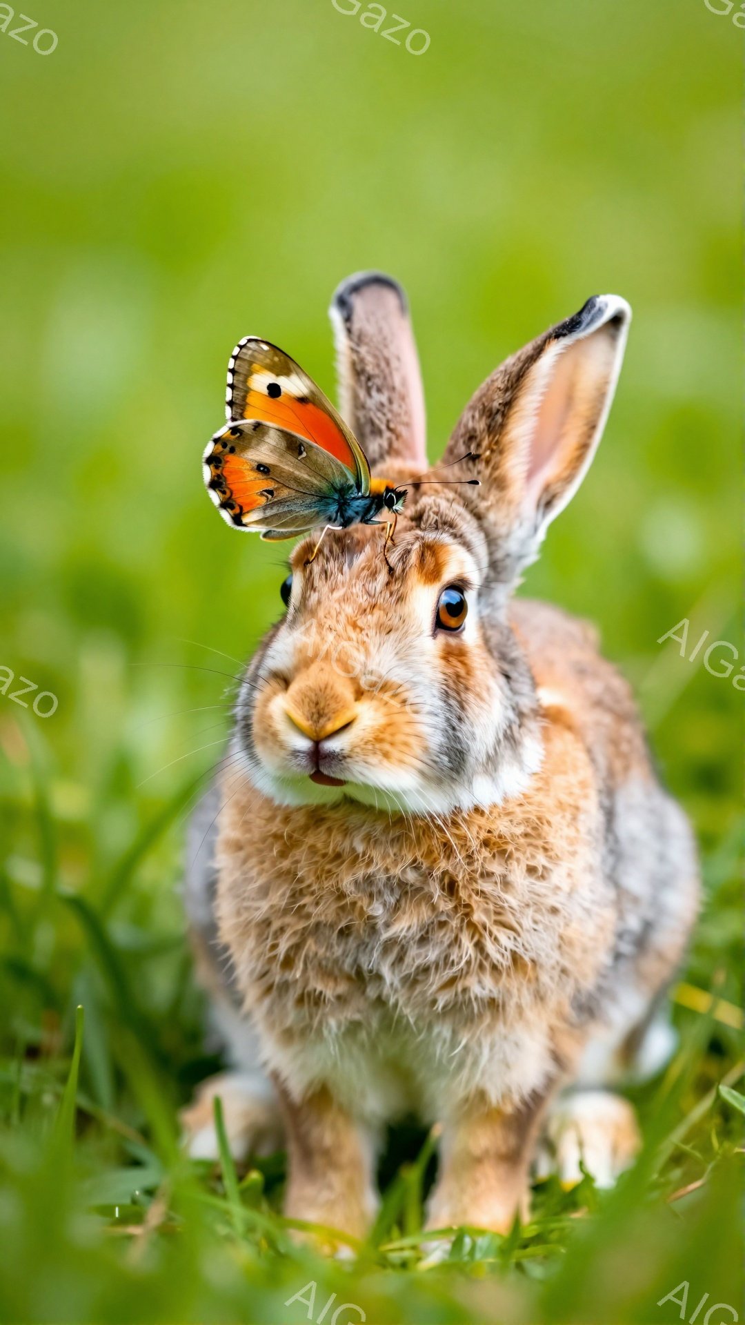 緑の草の上に座っている茶色のウサギが正面を見つめています。ウサギの頭の上には、オレンジと黒の模様の蝶がとまっており、まるで帽子をかぶっているようです。鮮やかな緑とウサギの柔らかな毛並みが、穏やかで可愛 - AI生成フリー素材