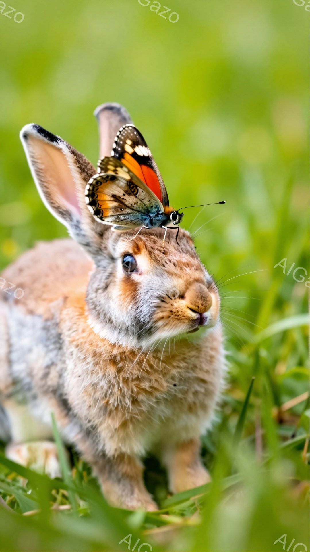 緑の草むらの中にいる茶色のウサギが写っています。その頭の上にはオレンジと黒の模様の蝶がとまっており、まるで王冠をかぶっているようです。背景は鮮やかな緑色で、自然な雰囲気が漂っています。 - AI生成フリー素材