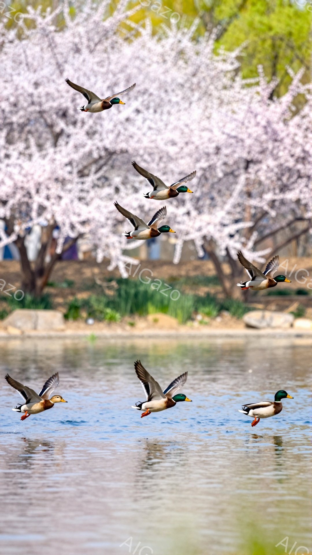 穏やかな水面を複数の鴨が飛んでいる様子が捉えられています。背景には桜並木が広がり、春の暖かさと優雅な雰囲気を醸し出しています。光が水面に反射し、きらきらと輝き、幻想的な光景を作り出しています。 - AI生成フリー素材