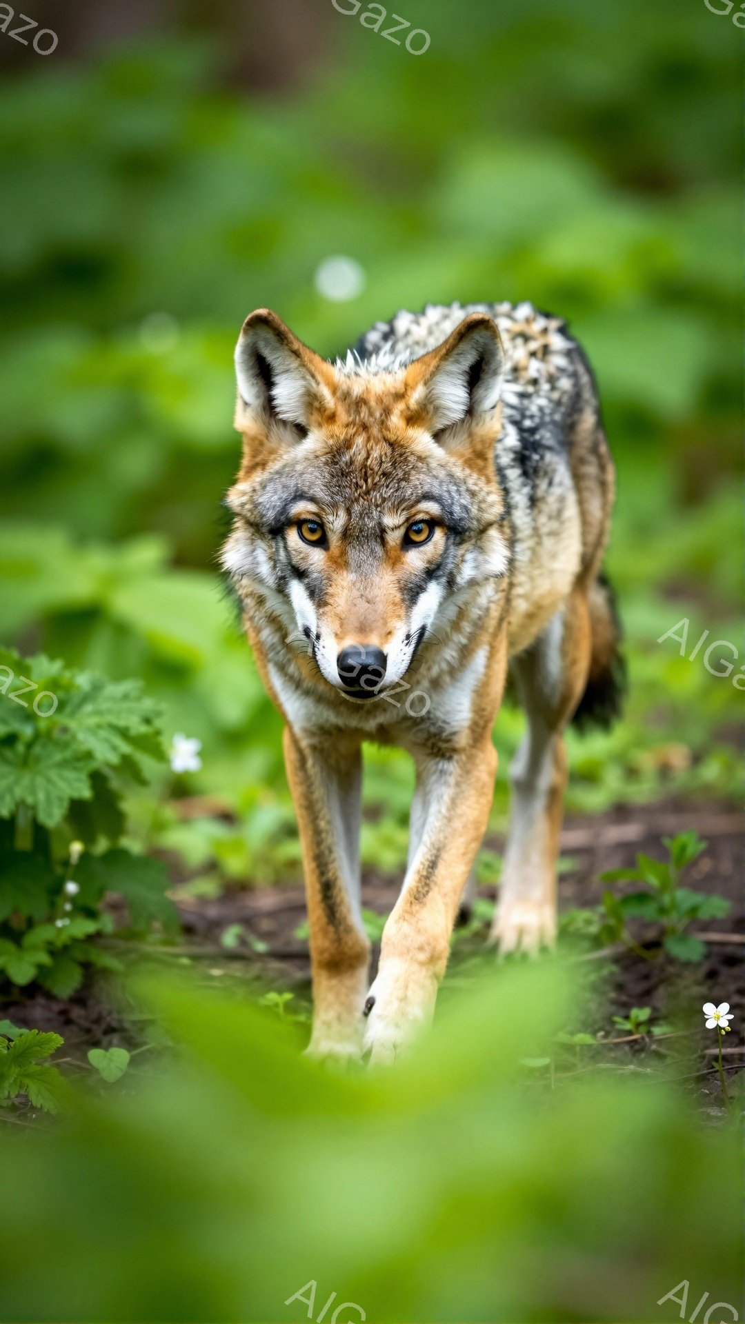 緑豊かな草むらの中を、コヨーテがこちらに向かって歩いてくる。鋭い眼光でカメラを見つめ、警戒心と好奇心が入り混じった表情をしている。背景の緑とコヨーテの毛並みのコントラストが印象的だ。