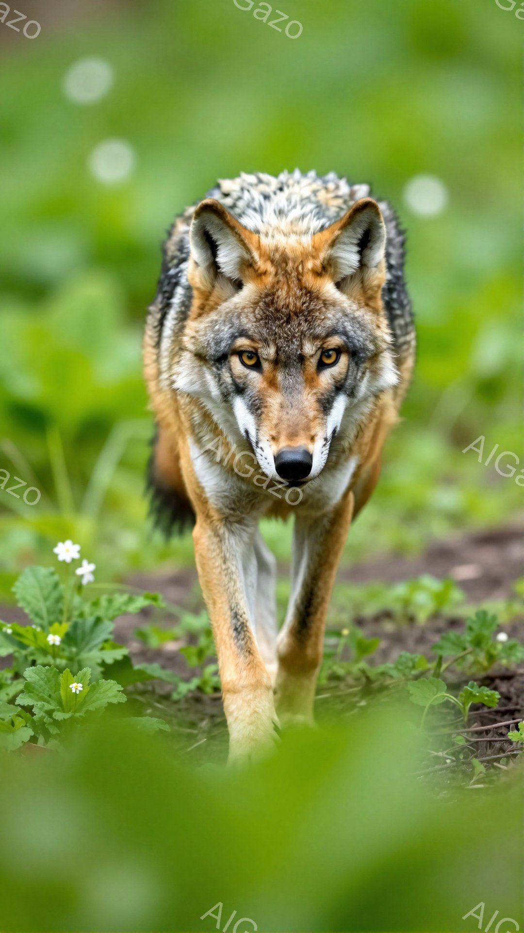 緑豊かな草むらの中を、金色の毛並みを持つオオカミがこちらに向かって歩いてくる。その鋭い眼差しは、まるで獲物を狙うかのように力強く、周囲の植物を背景に野性味が溢れている。光の差し込みが、オオカミの毛並み - AI生成フリー素材