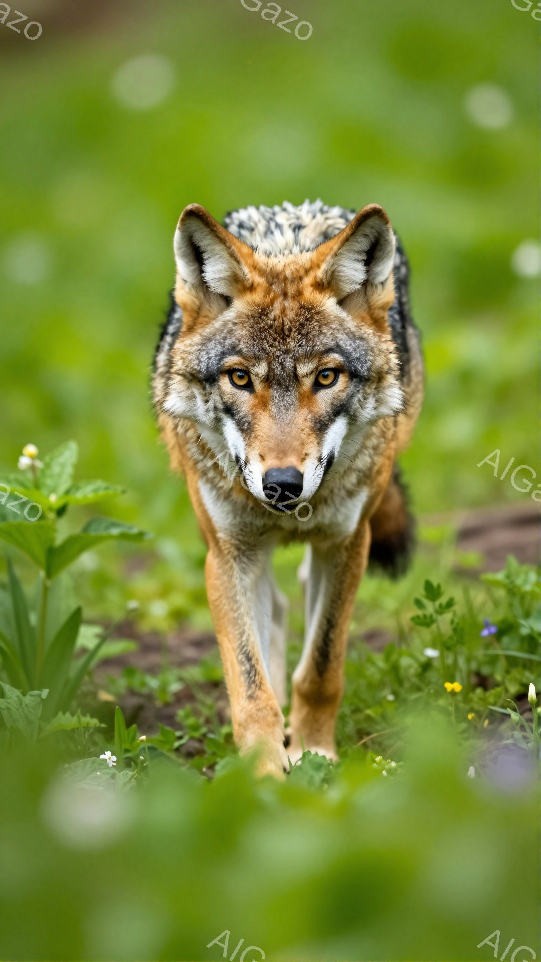 緑豊かな草原の中を、コヨーテがこちらに向かって歩いてくる。鋭い眼光と引き締まった表情で、野生動物の力強さと警戒心が感じられる。背景には様々な野草が見え、自然豊かな環境が強調されている。