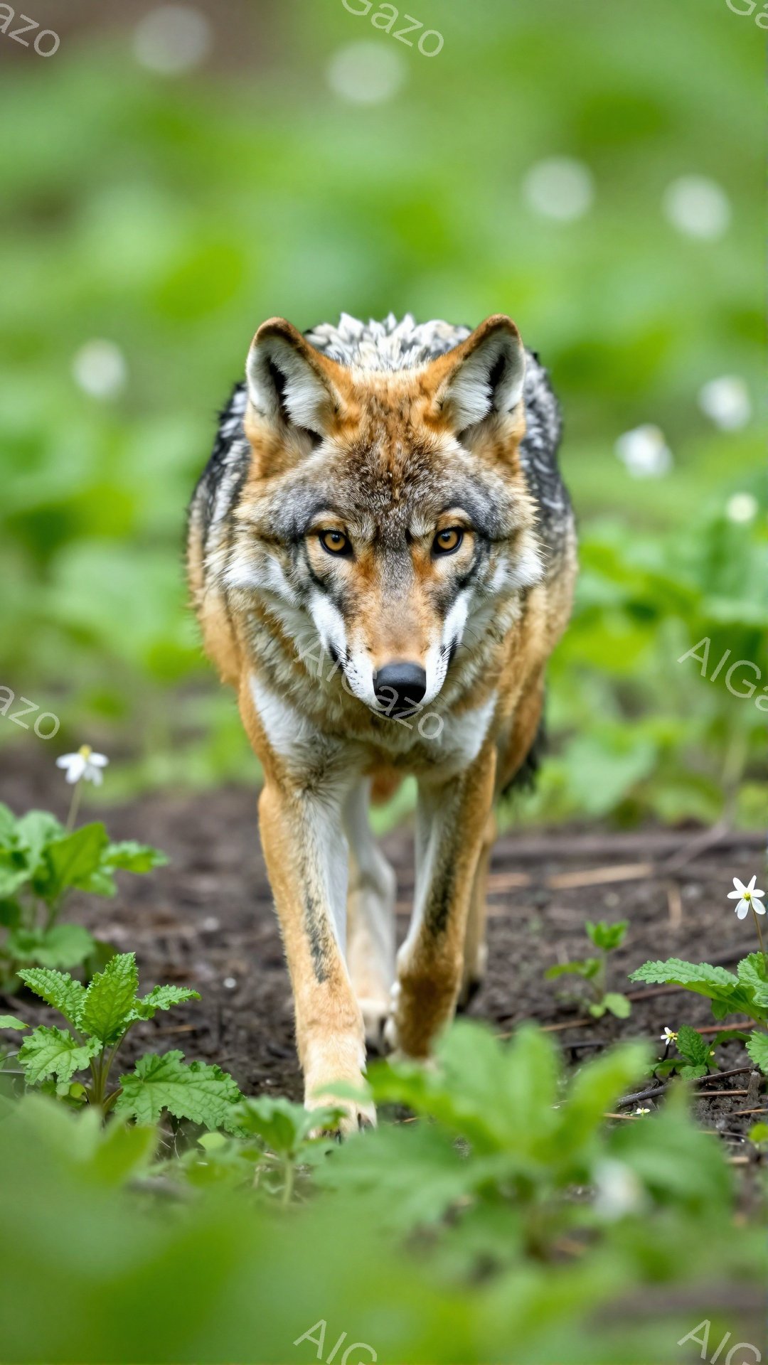 草原の中を歩くオオカミが写っている。鋭い眼光でこちらを見つめ、毛並みは茶色と灰色が混ざり合い、力強い印象を与える。背景には緑豊かな植物が広がり、自然な雰囲気を醸し出している。 - AI生成フリー素材