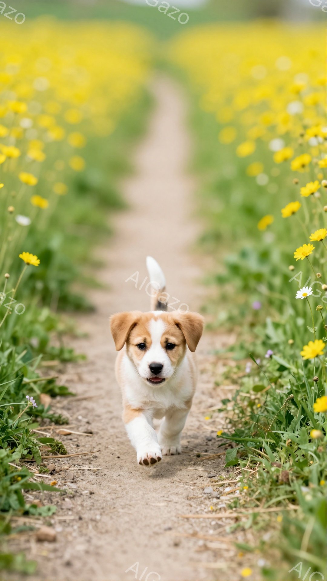 可愛らしい子犬が、黄色い花が咲き乱れる小道を元気に駆けている。子犬は茶色と白の毛並みで、好奇心いっぱいの表情でこちらを見ている。背景には緑の草が生い茂り、春の暖かさや生命力を感じさせる。