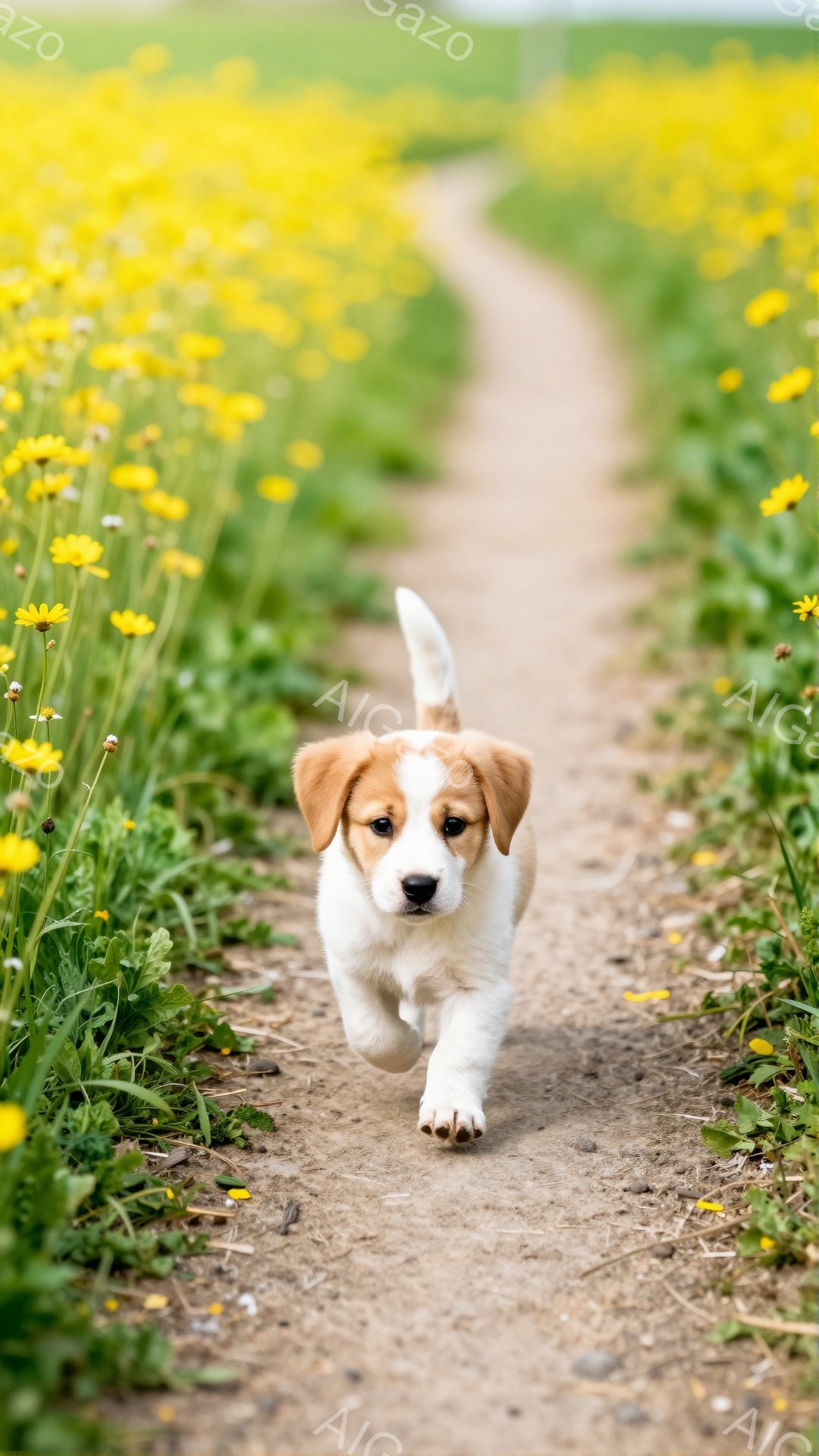 可愛らしい子犬が土の道の上を駆け抜けている。周りには黄色い花が咲き乱れ、春の陽気な雰囲気が感じられる。子犬は嬉しそうに前を見つめ、短い尻尾をピンと立てている。