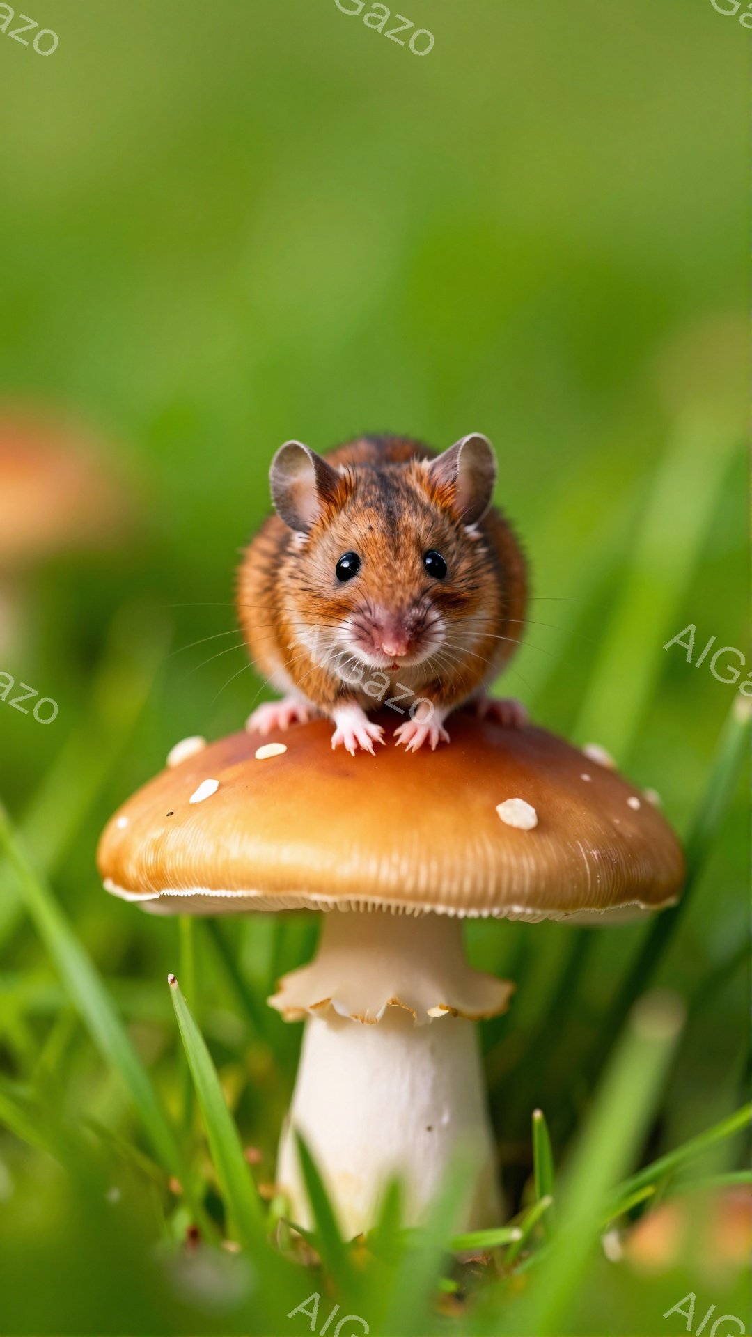 小さなネズミが赤いキノコの頭上に座り、前足を伸ばしてこちらを見ている。周囲は緑色の草に覆われ、柔らかな光が差し込み、自然の中で生きる小さな生き物の可愛らしさが際立っている。キノコとネズミのコントラストが印象的で、ファンタジーの世界を彷彿とさせる。