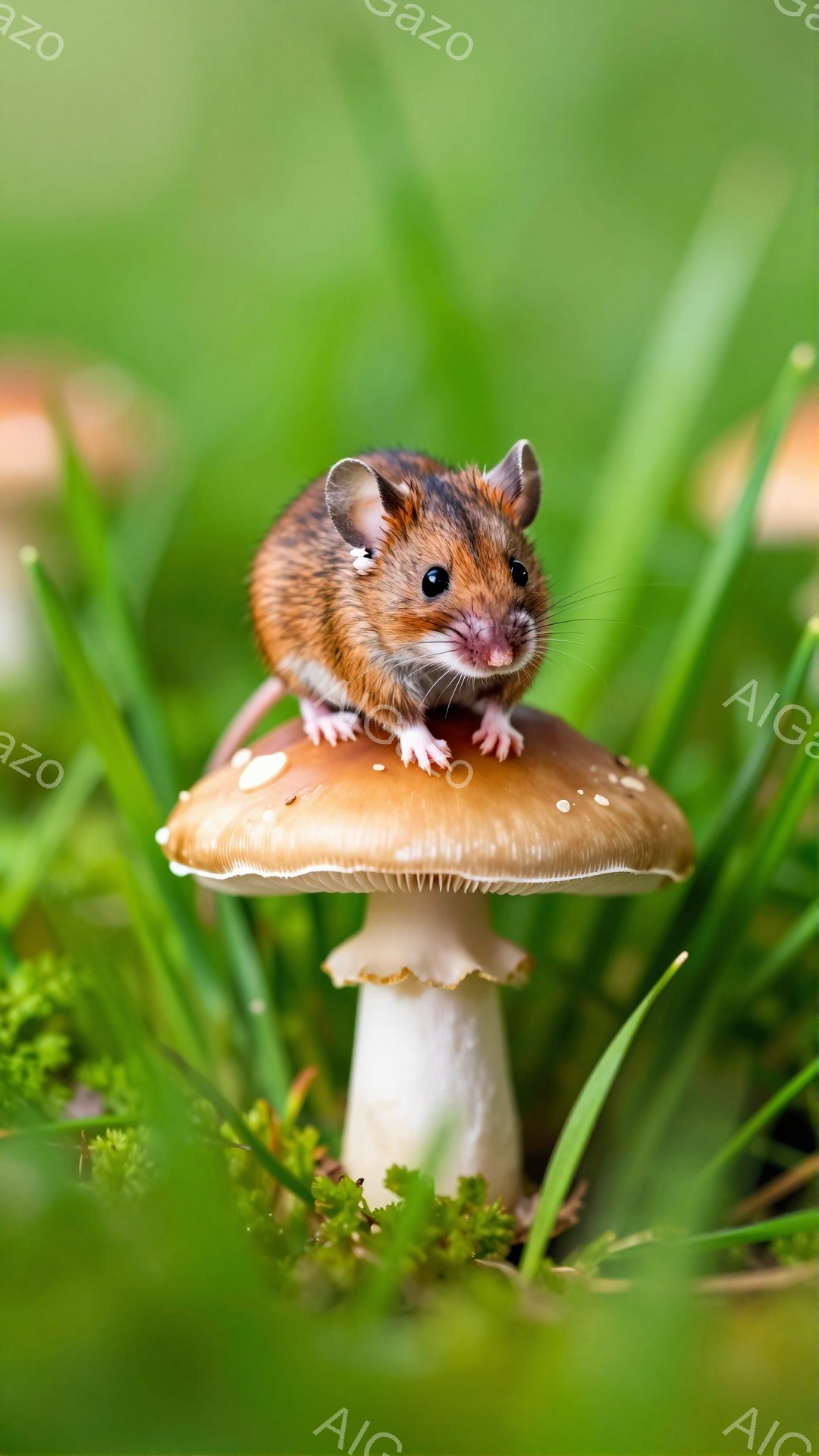 緑の草の中に、キノコの傘の上に小さなネズミが立っています。ネズミは前足をキノコに置き、可愛らしい表情でこちらを見つめています。背景は鮮やかな緑で、生命力に満ちた自然のシーンです。