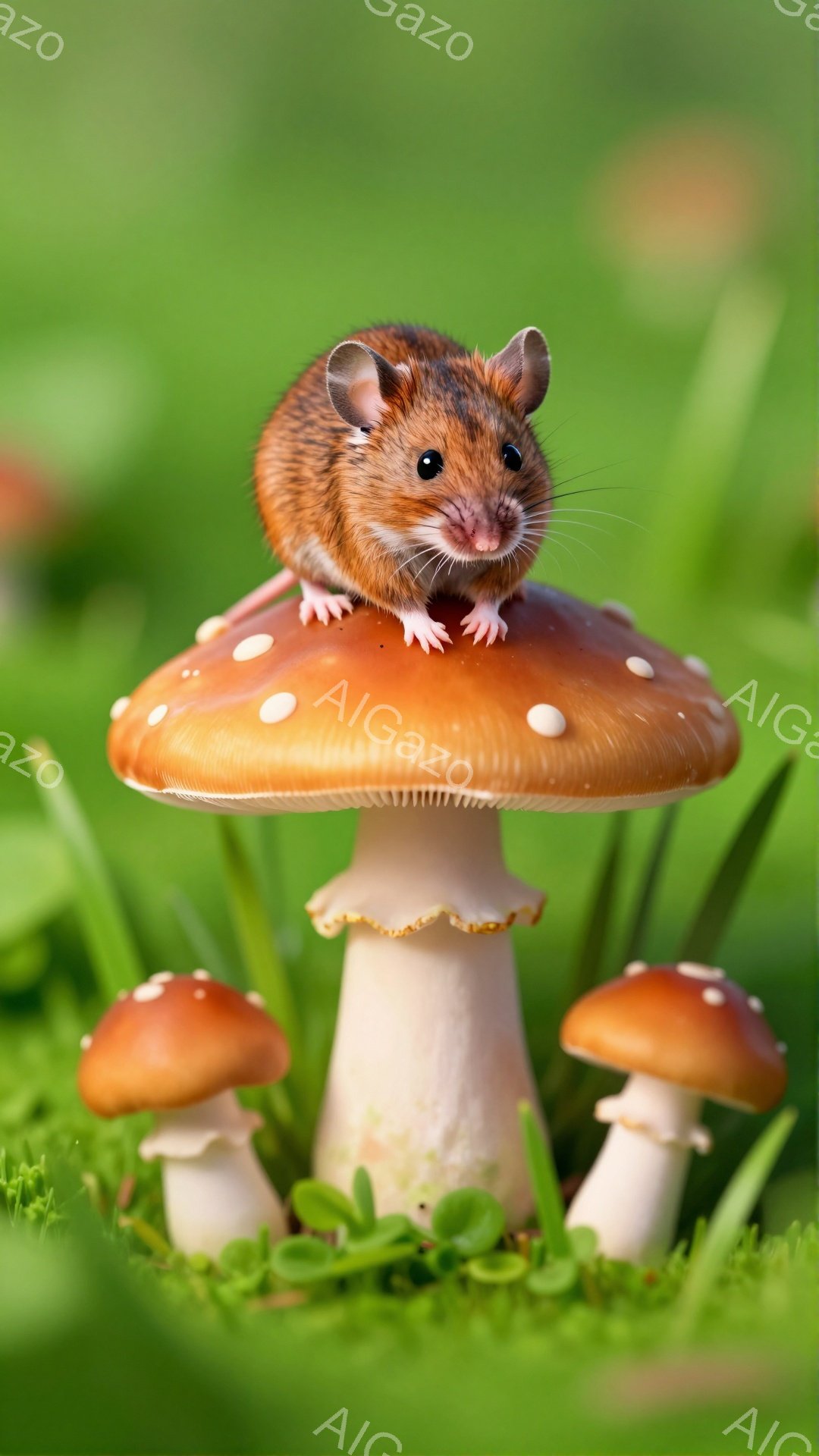 赤い水玉模様のキノコの上に、小さな茶色のネズミが座っています。緑の草むらの中で、キノコがいくつか生えており、ネズミはまるで王様のようにキノコの上で立っています。鮮やかな緑と茶色のコントラストが、自然の温かさを感じさせます。