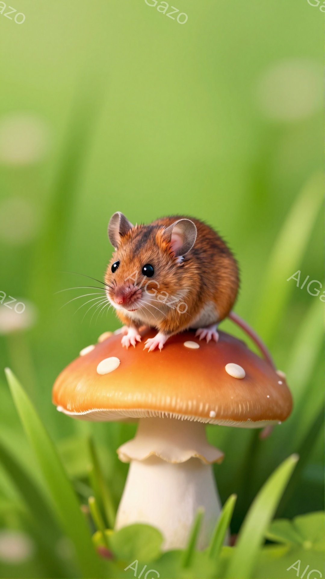 明るい緑色の草の上で、可愛らしい茶色のネズミが赤いキノコの上に立っています。ネズミは小さな前足をキノコの表面に置き、好奇心旺盛な表情でこちらを見ています。キノコは白い斑点で飾られており、周囲の緑と鮮やかなコントラストを描いています。