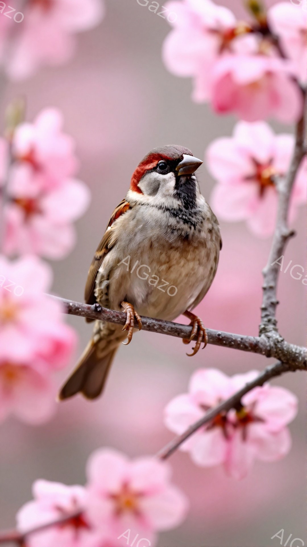 桜の枝にとまっているスズメが写っています。背景は淡いピンク色の桜の花で、春の穏やかな雰囲気が漂っています。スズメは茶色と白の羽毛で、可愛らしい姿を見せています。 - AI生成フリー素材