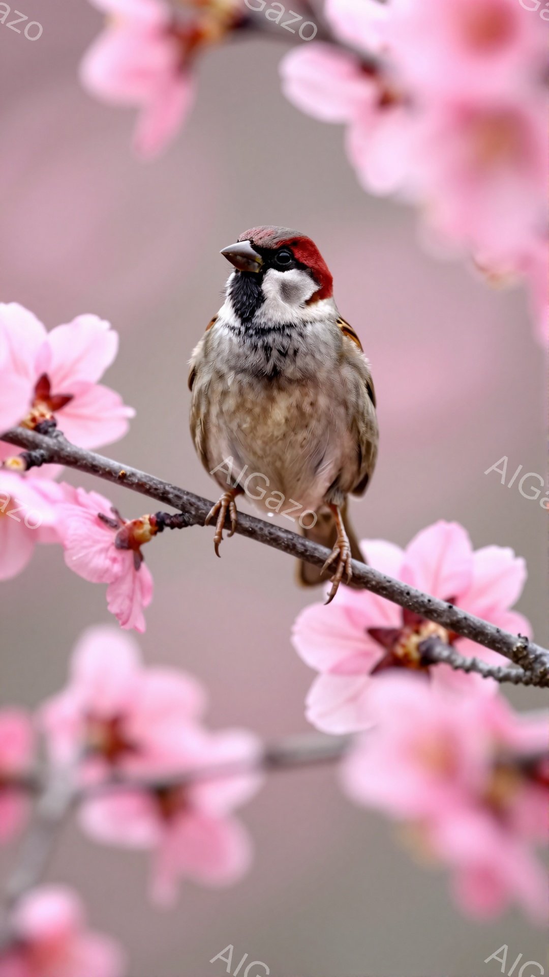 桜の枝に止まる一羽の雀が写っている。その雀は茶色と黒の模様を持ち、赤い額が特徴的である。背景にはぼんやりとしたピンク色の桜の花が咲き乱れ、春の暖かさを感じさせる。 - AI生成フリー素材