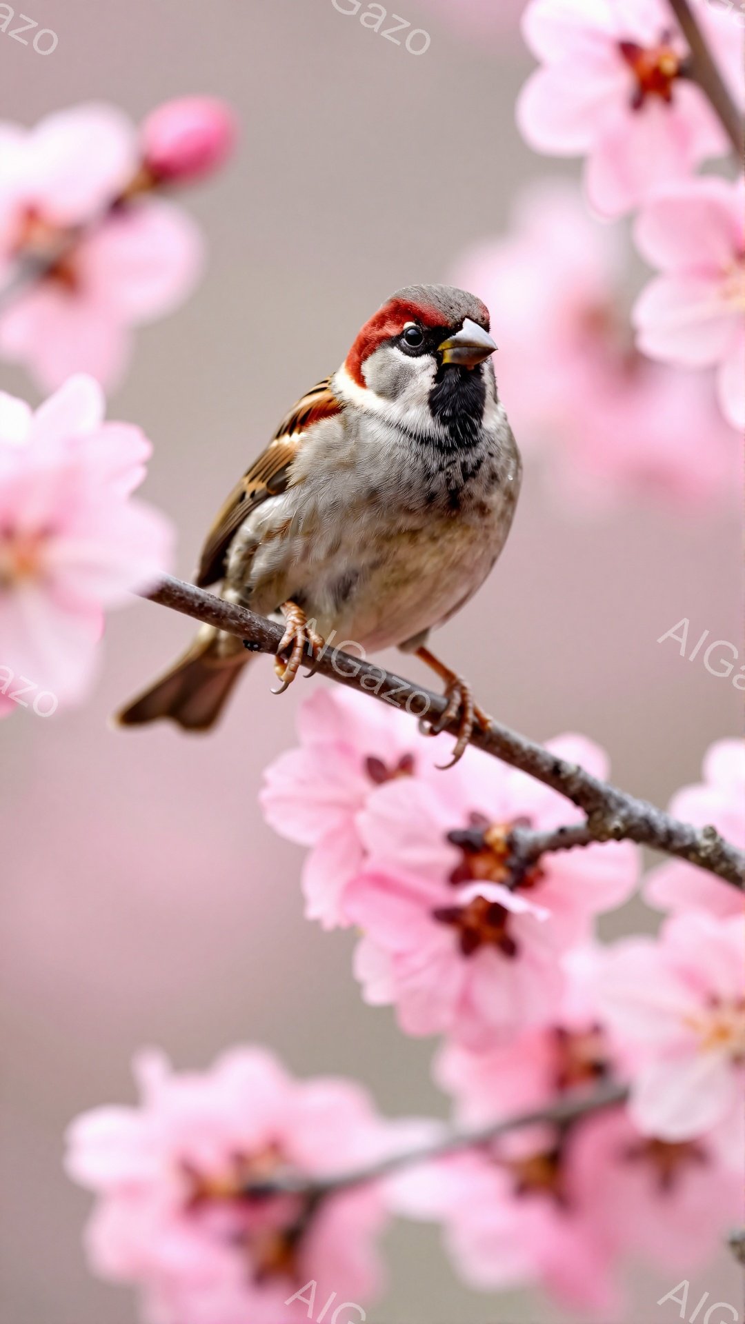 小枝に留まっているスズメが描かれています。ピンク色の桜の花が背景にぼんやりと咲き誇り、春の穏やかな雰囲気を醸し出しています。スズメの鮮やかな色が、桜の淡いピンク色と美しく調和しています。 - AI生成フリー素材