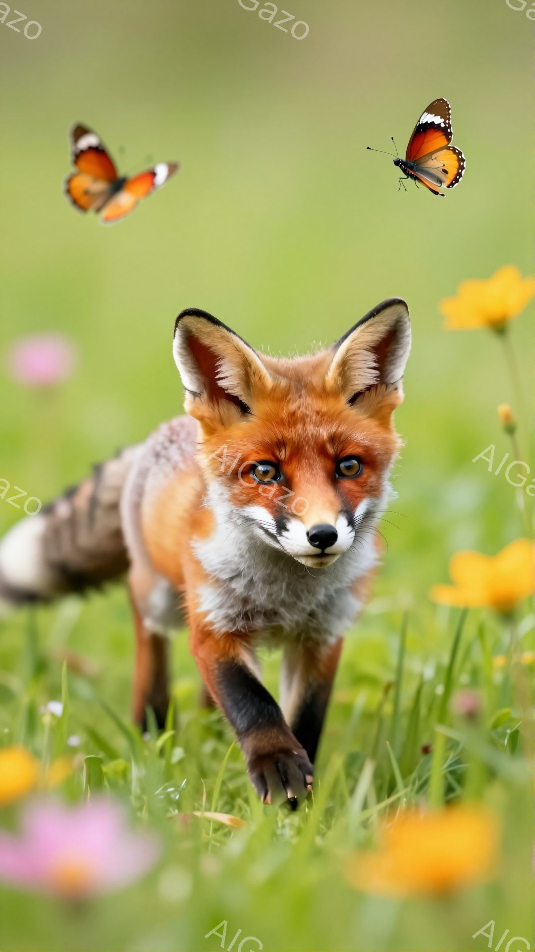 明るい緑の草原を、毛並みの美しいキツネがこちらに向かって歩いてくる。鮮やかなオレンジ色の毛並みと白い胸元が印象的で、周囲には黄色やピンクの花々が咲き乱れている。空中にはオレンジ色の蝶が舞い、春の暖かい - AI生成フリー素材