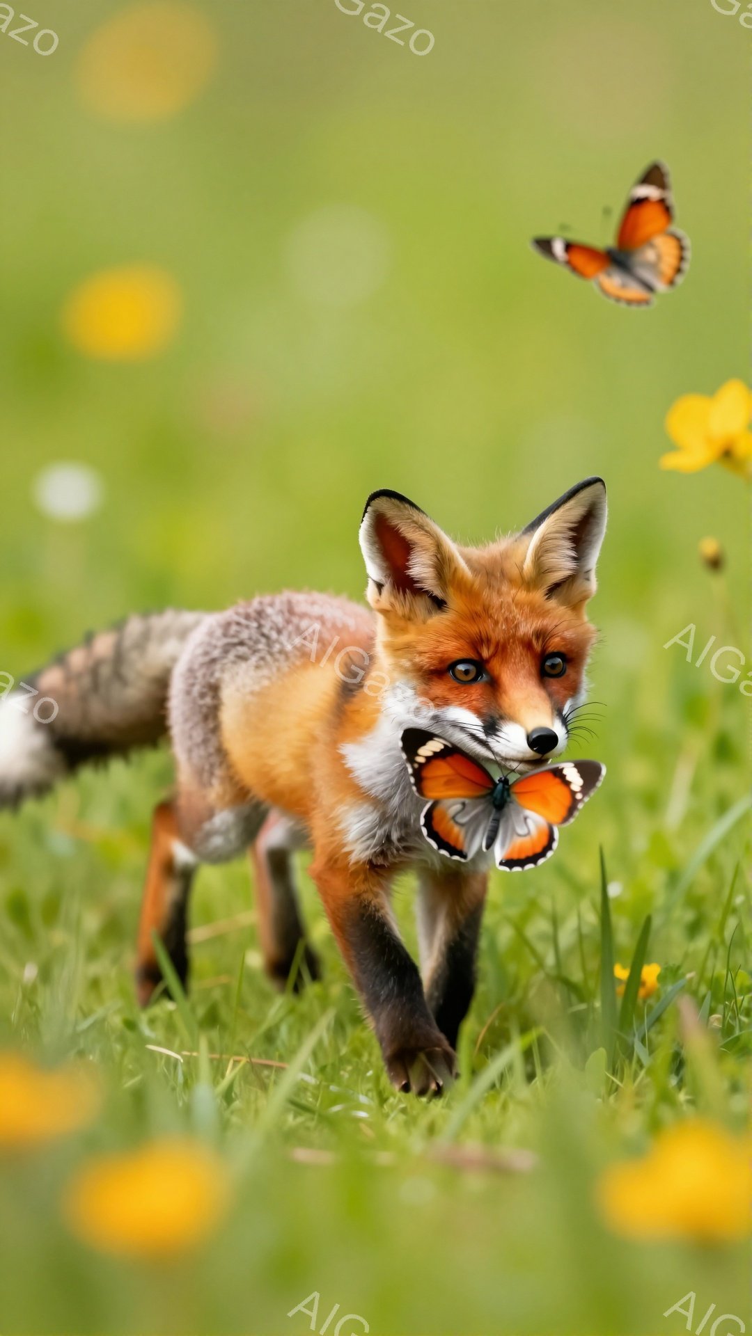 明るい緑の草原を、可愛らしいキツネが歩いている。オレンジと白の毛並みが鮮やかで、周りには黄色い花が咲き乱れている。空を舞う蝶が、キツネの周りを飛び交い、遊び心溢れる雰囲気を醸し出している。