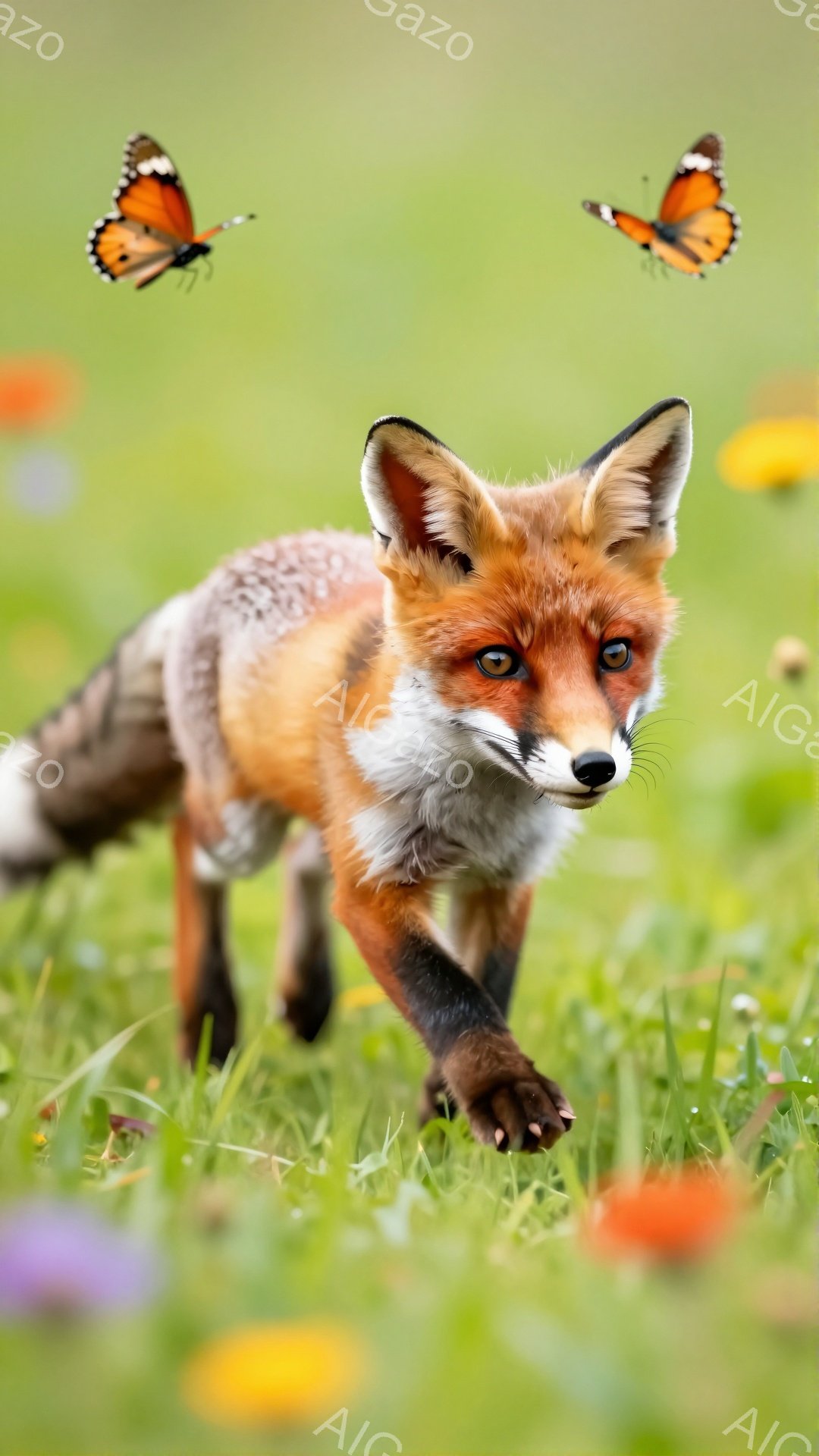 緑の草原をキツネが駆けている。鮮やかなオレンジと白の毛並みが印象的で、その表情は好奇心に満ちている。周囲には色とりどりの野花が咲き乱れ、蝶が舞い、春の暖かな雰囲気を醸し出している。