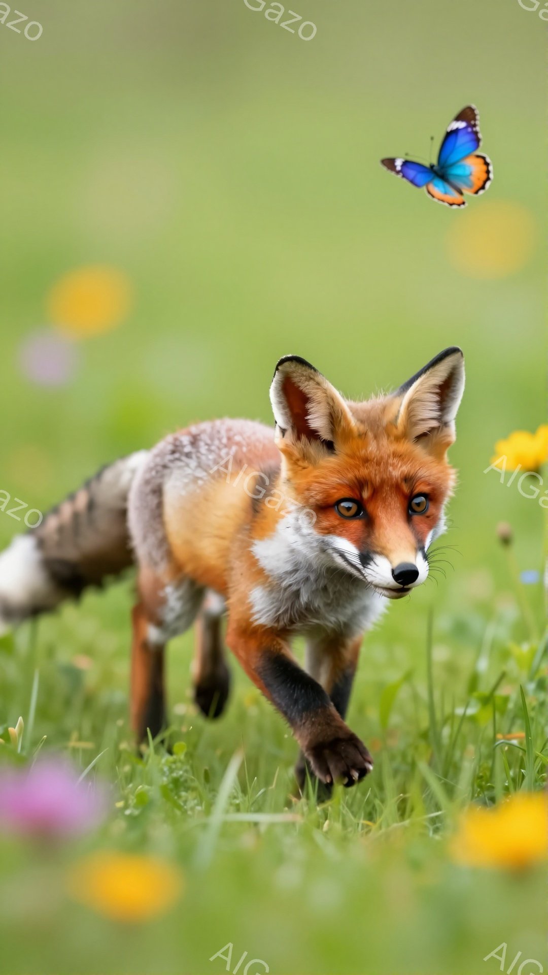明るい緑の草原を、毛並みの美しいキツネが駆けている。鮮やかな青色の蝶がキツネのすぐ近くを舞い、躍動感のあるシーンを作り出している。背景には黄色い花々が点在し、春の暖かな雰囲気を醸し出している。 - AI生成フリー素材