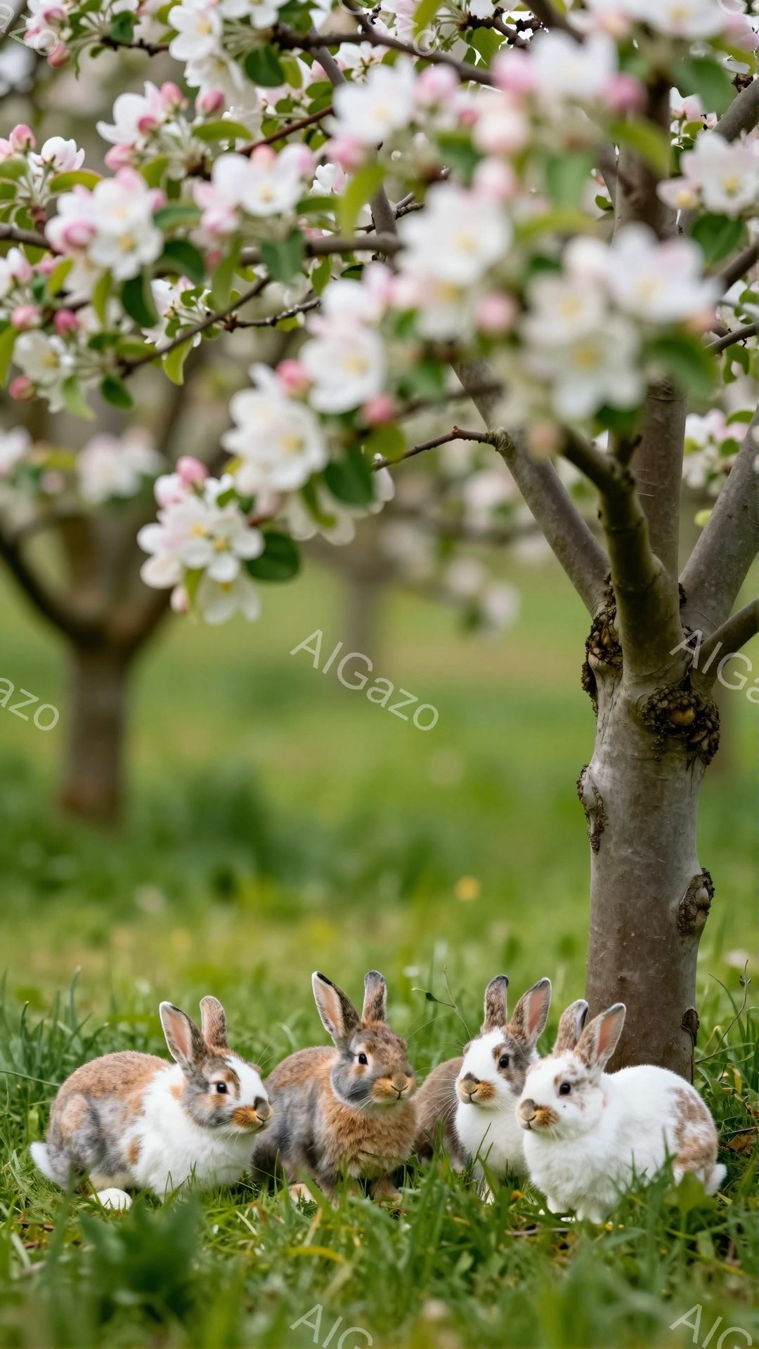 緑の草の上に4匹のウサギが並んで座っています。背景には桜の木があり、花が咲き乱れて春の穏やかな雰囲気を感じさせます。ウサギたちはそれぞれ異なる毛色で、可愛らしい姿を見せています。 - AI生成フリー素材