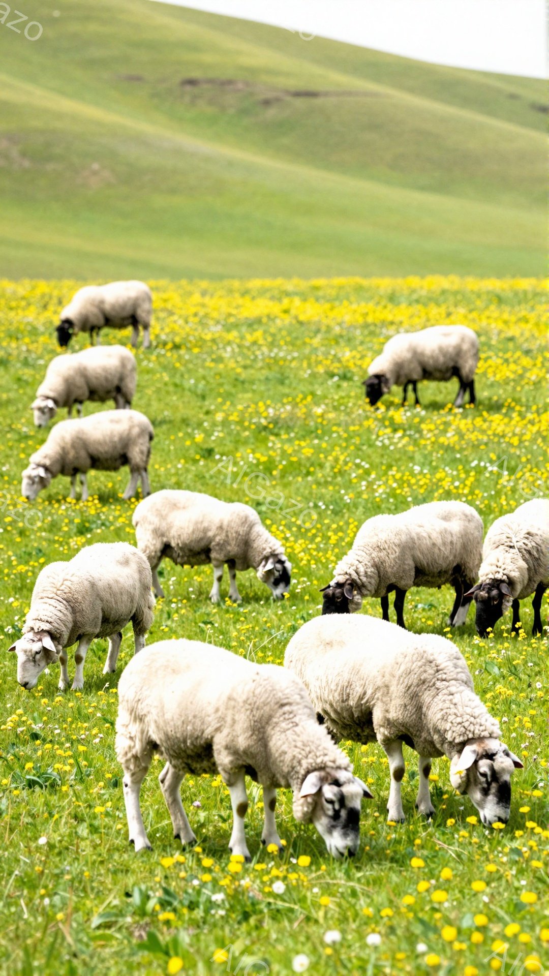 緑の丘と黄色い花が広がる牧場を、黒い顔の羊たちが楽しそうに草を食んでいる。穏やかな日差しが降り注ぎ、のどかな田園風景が広がっている。羊たちはリラックスして、平和な時間を過ごしている様子が伝わってくる。 - AI生成フリー素材
