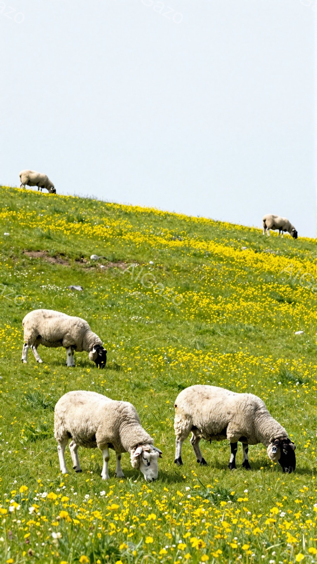緑の丘と黄色い花が広がる風景の中に、羊たちが群れをなして草を食んでいます。羊たちは白い毛並みで、穏やかな雰囲気の中でゆっくりと食事を楽しんでいるようです。太陽の光が降り注ぎ、のどかで平和な光景が広がっ - AI生成フリー素材