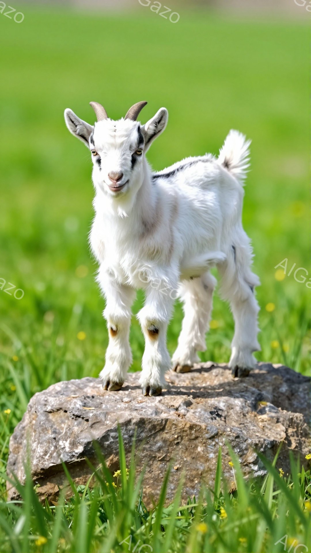白いヤギが岩の上に立っている。緑の草原が背景にあり、少し黄色い花が点在している。ヤギは前を向いており、少し驚いた表情をしているようだ。 - AI生成フリー素材