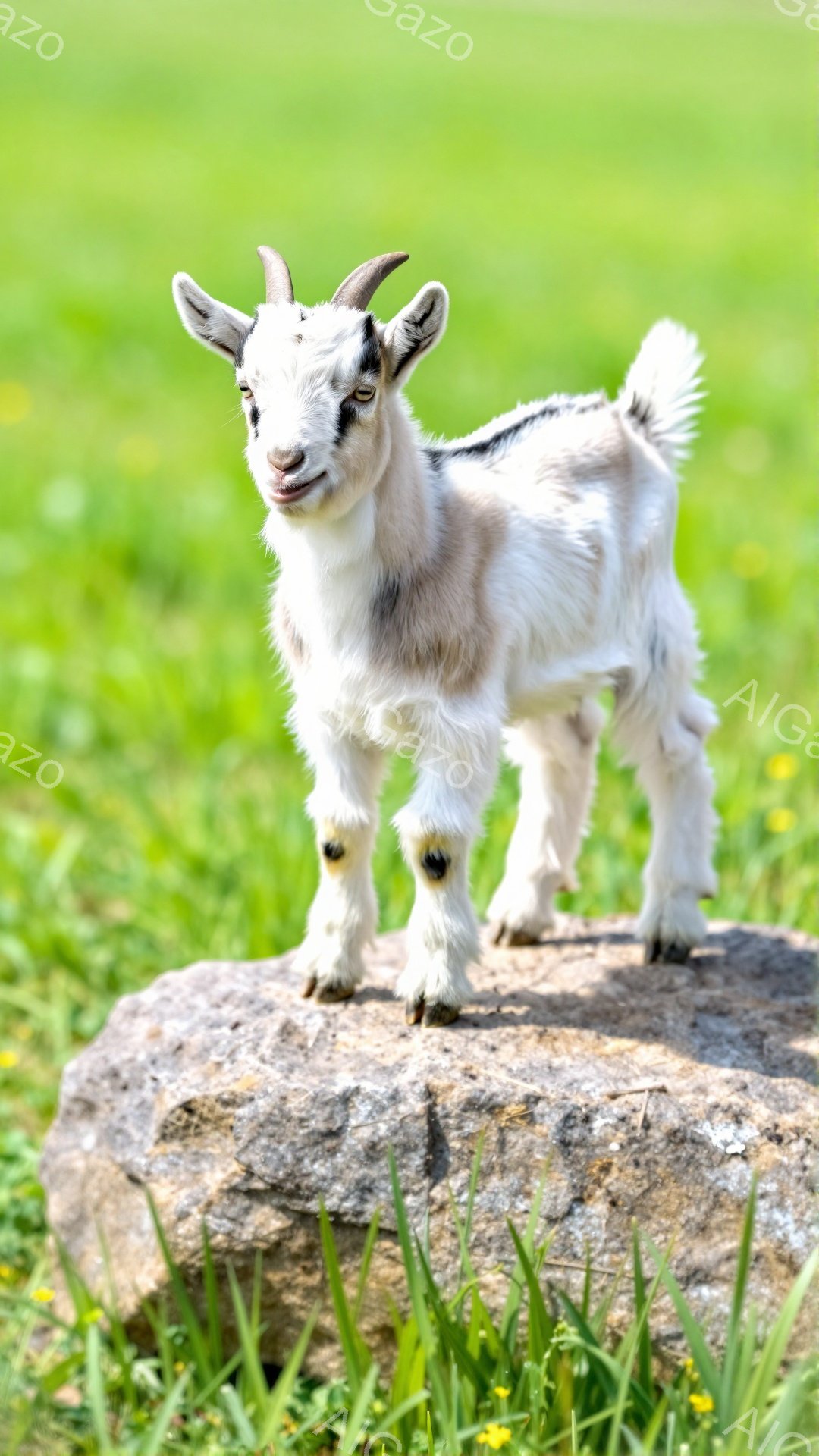 白と茶色のヤギが大きな岩の上に立っている。周りには緑の草が生えており、穏やかで平和な雰囲気である。ヤギはカメラの方を見ており、好奇心旺盛な表情をしている。 - AI生成フリー素材